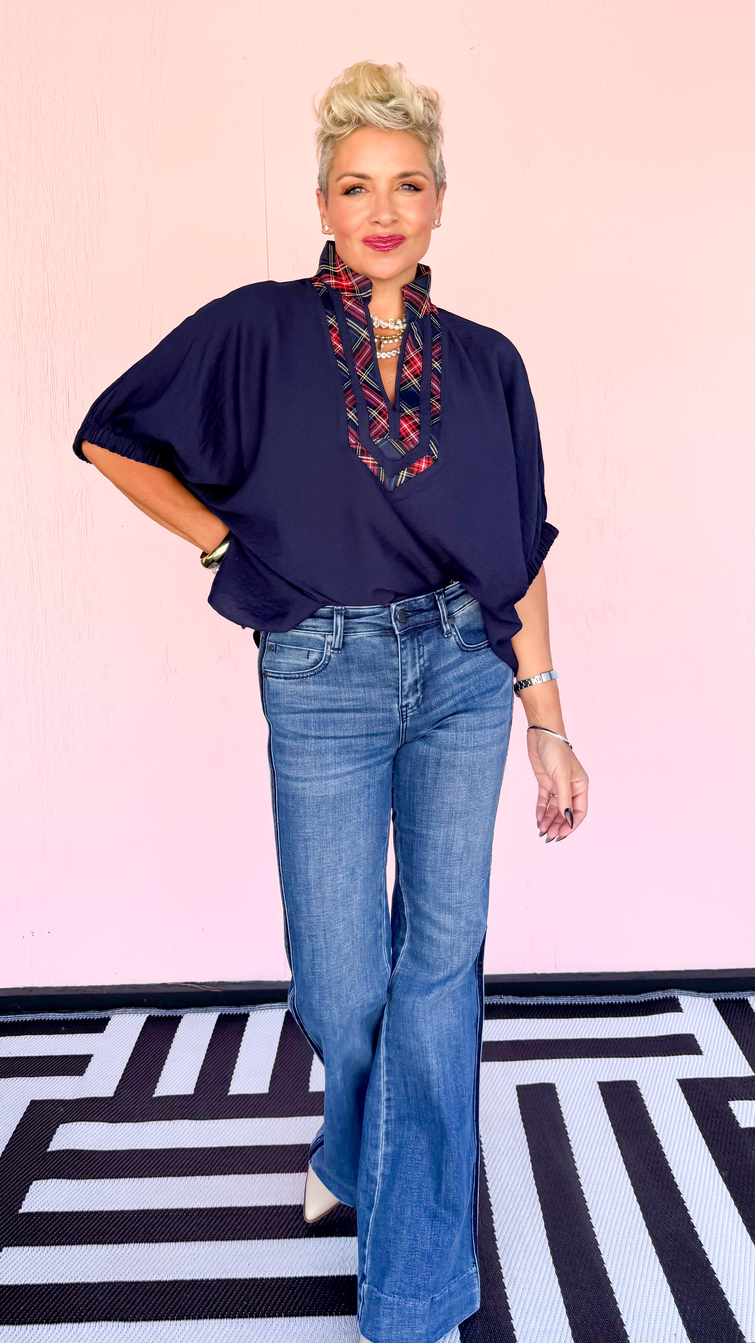 Tartan Trim Top/Navy