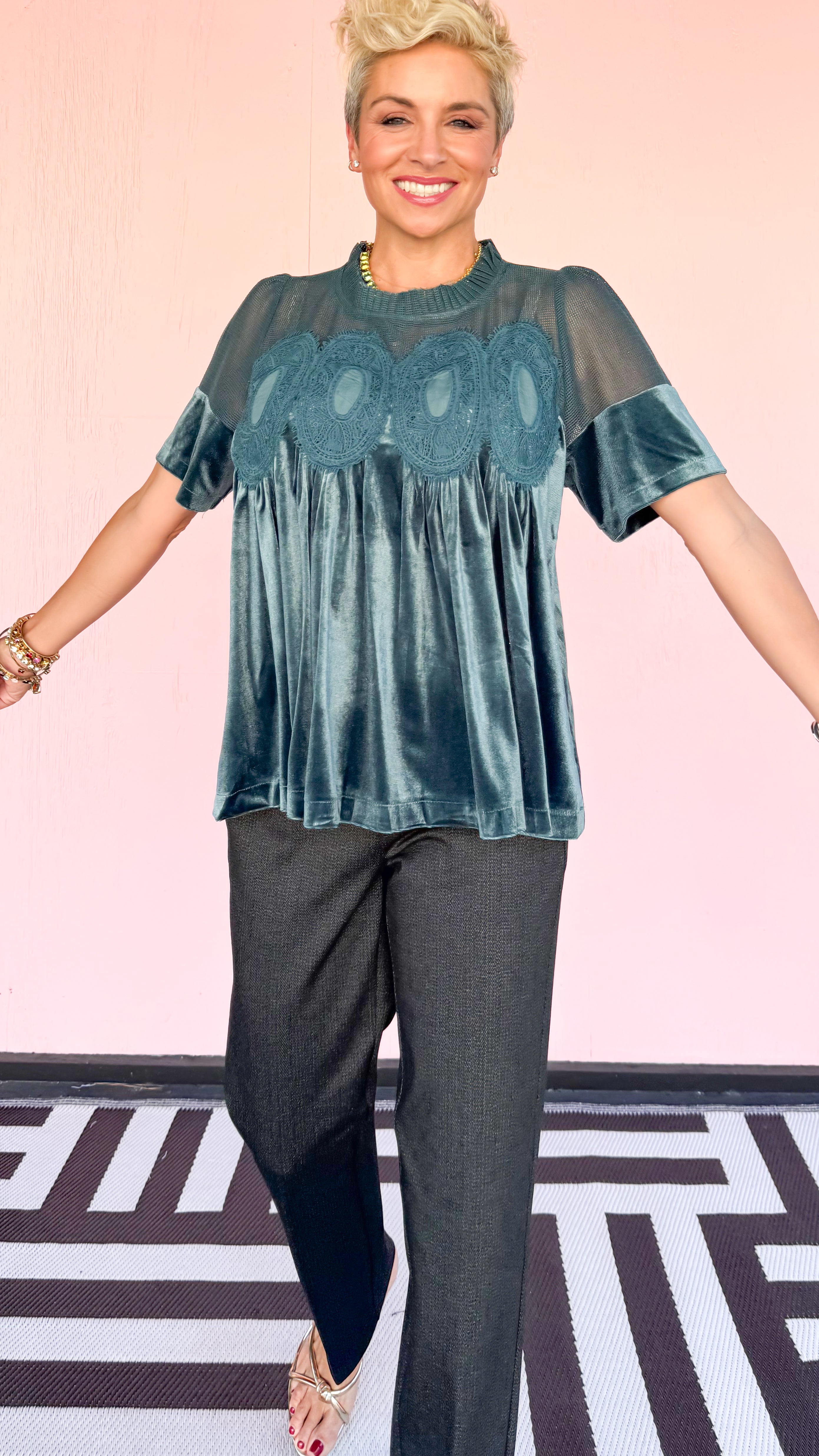 Lace Detail Velvet Babydoll Top/Teal