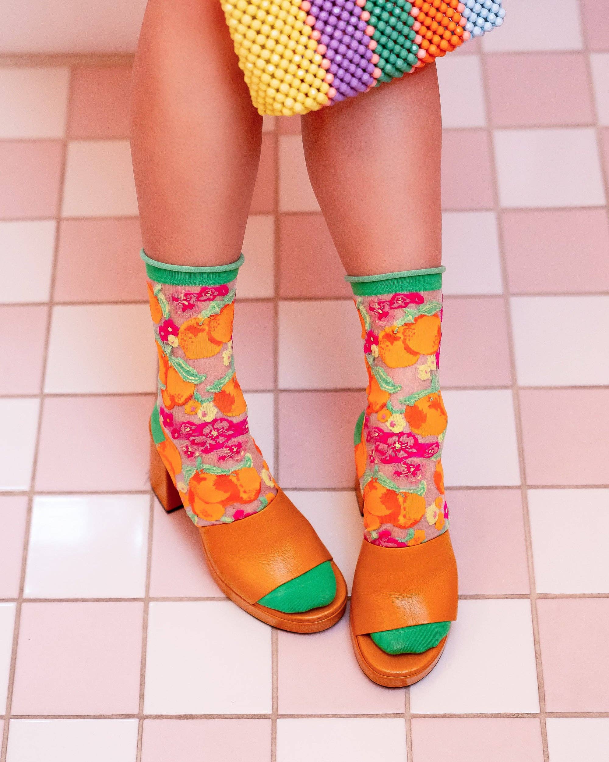 Orange Floral sheer crew sock product photo - styled view - BLVD Boutik