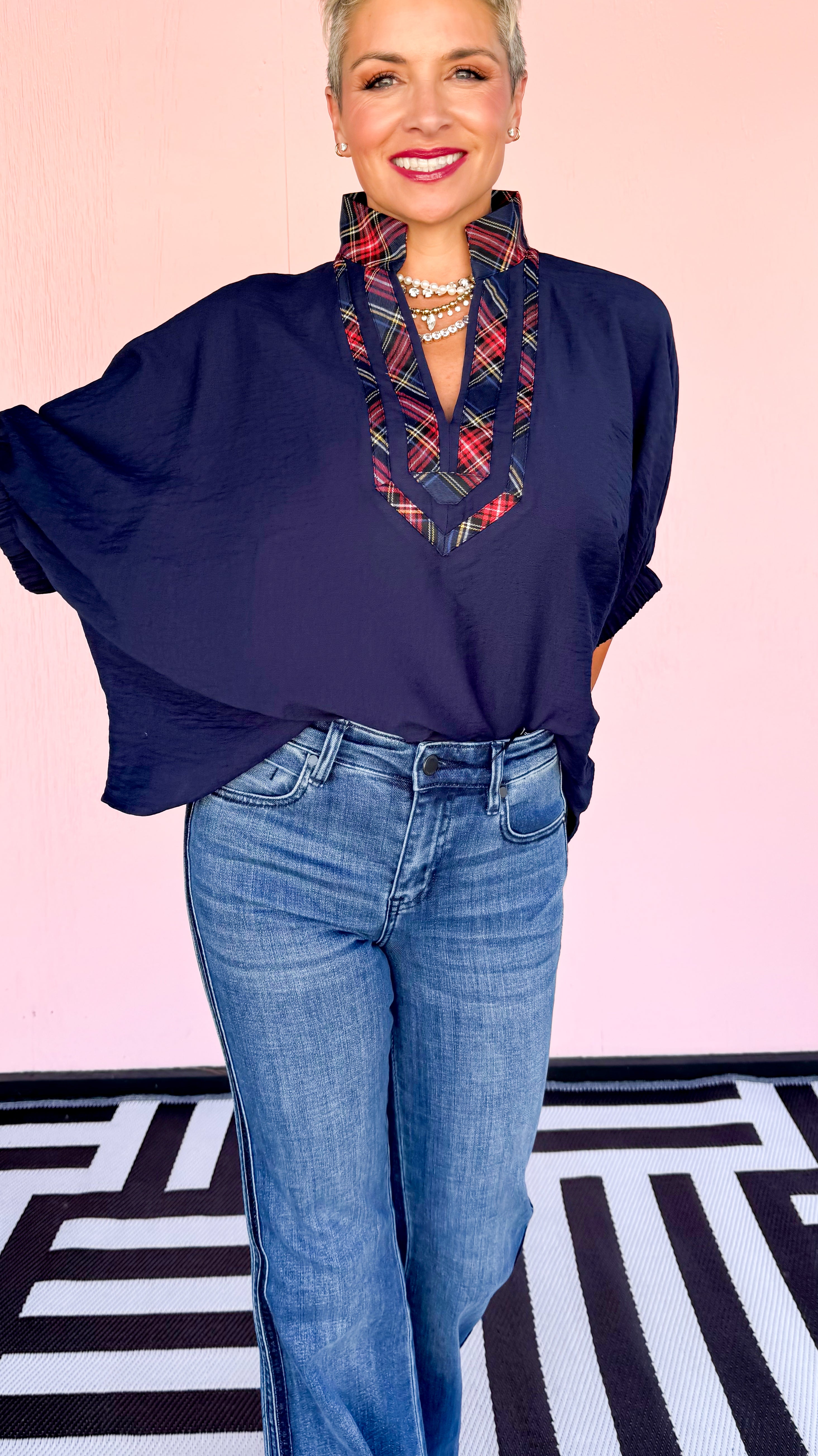 Tartan Trim Top/Navy