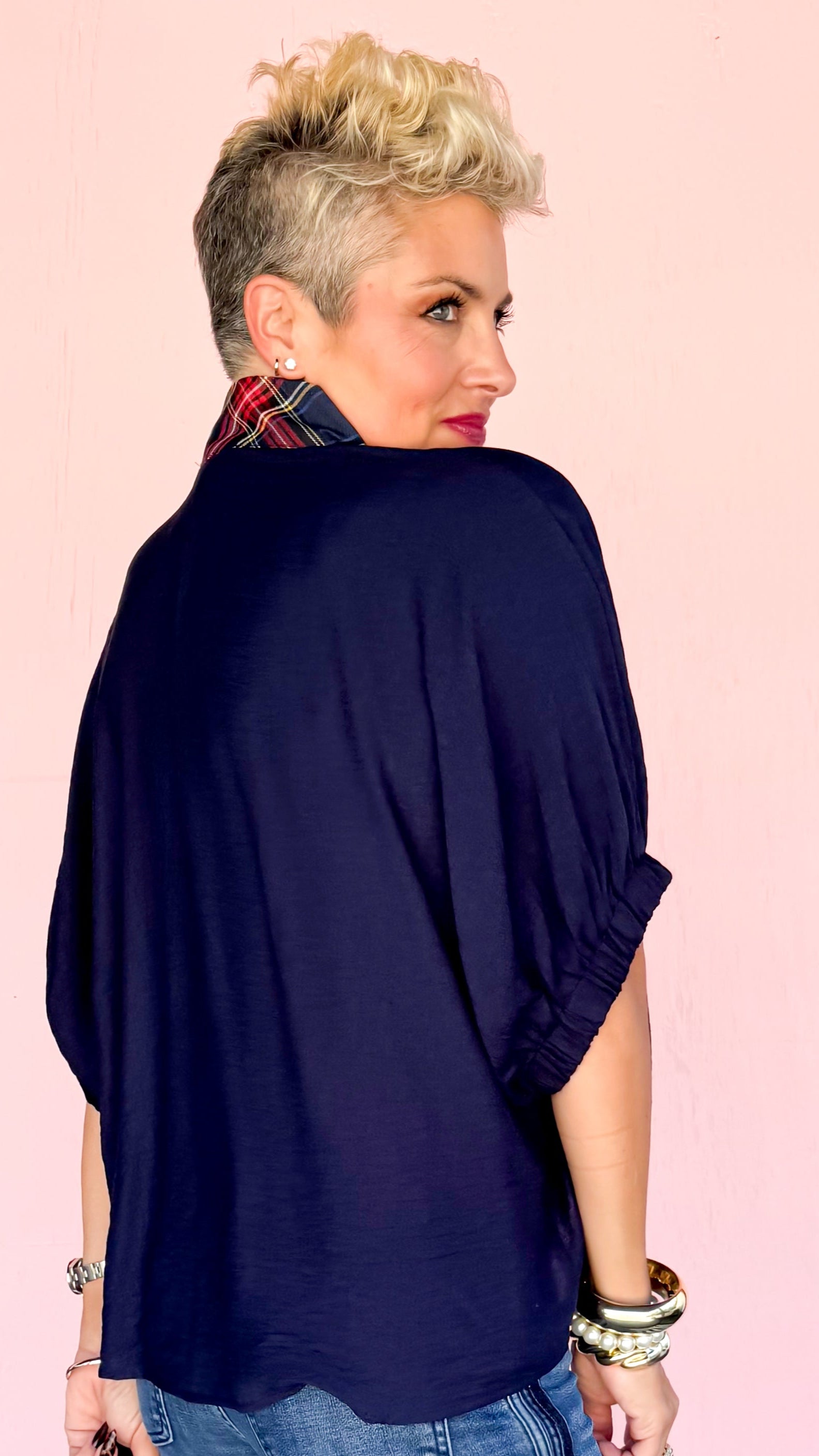 Tartan Trim Top/Navy