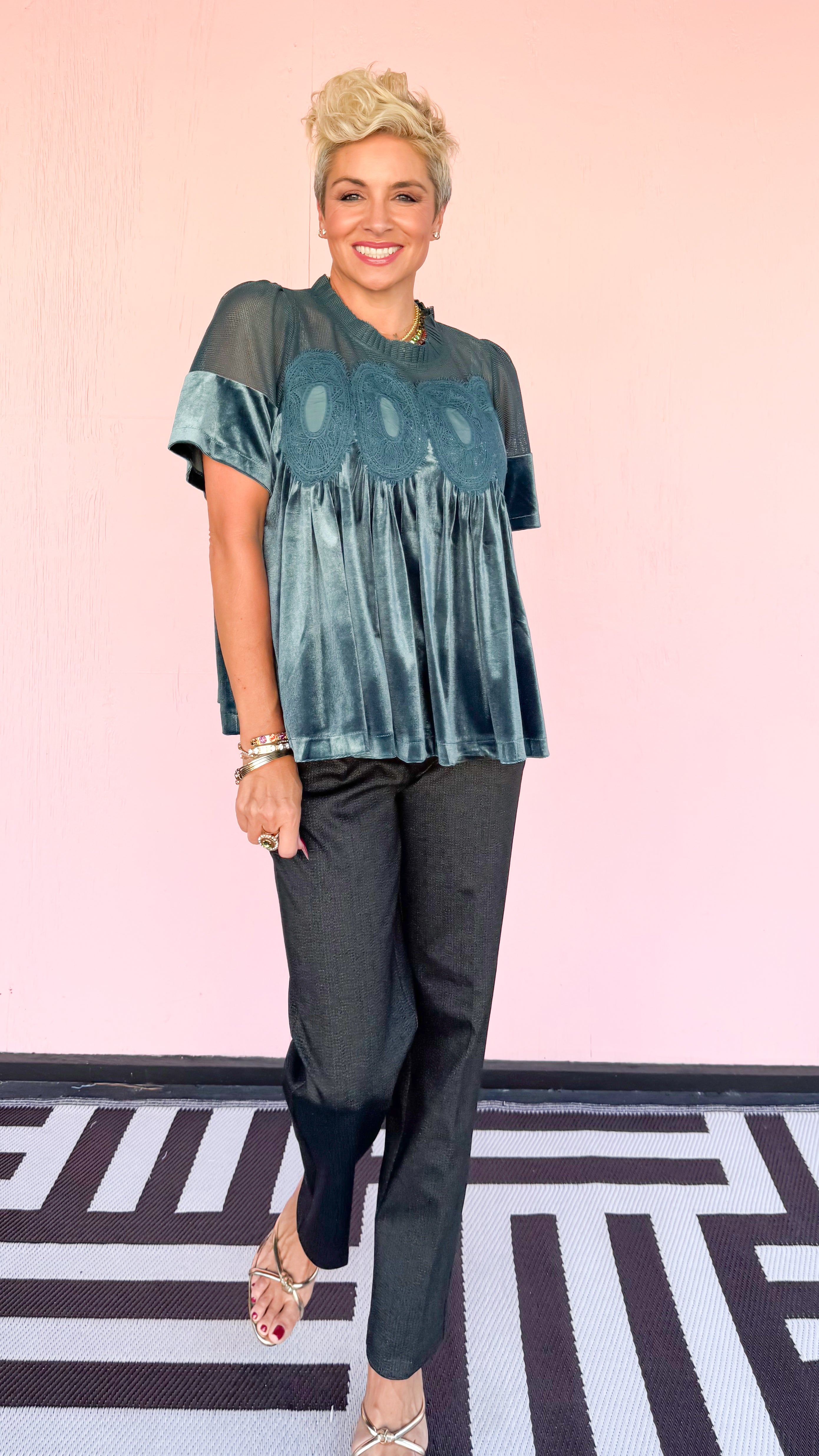 Lace Detail Velvet Babydoll Top/Teal