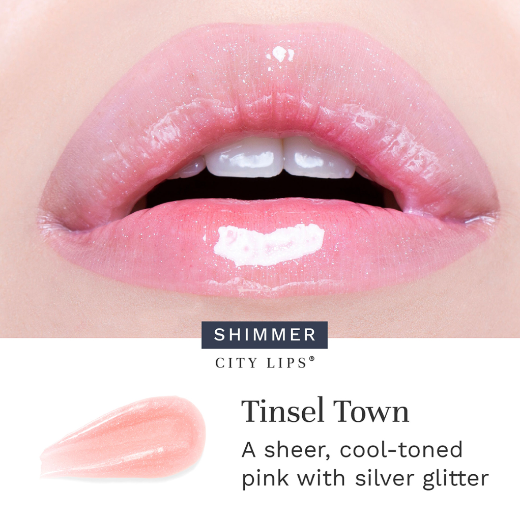 City Lips plumping lip gloss in Tinsel Town, a cool pink shade