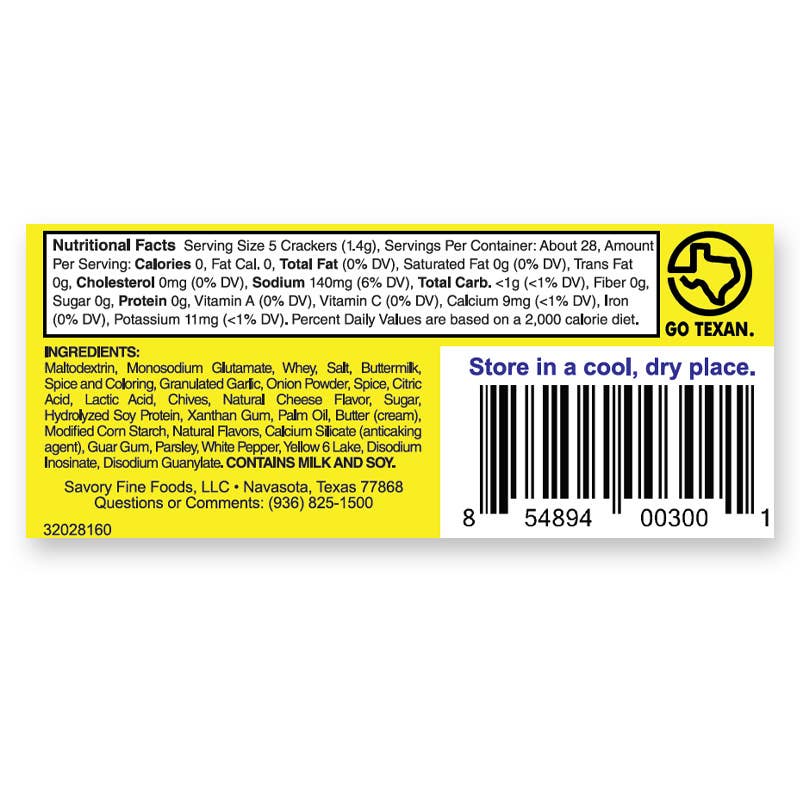 Back of a food package with nutritional facts, ingredients list, and storage instructions.