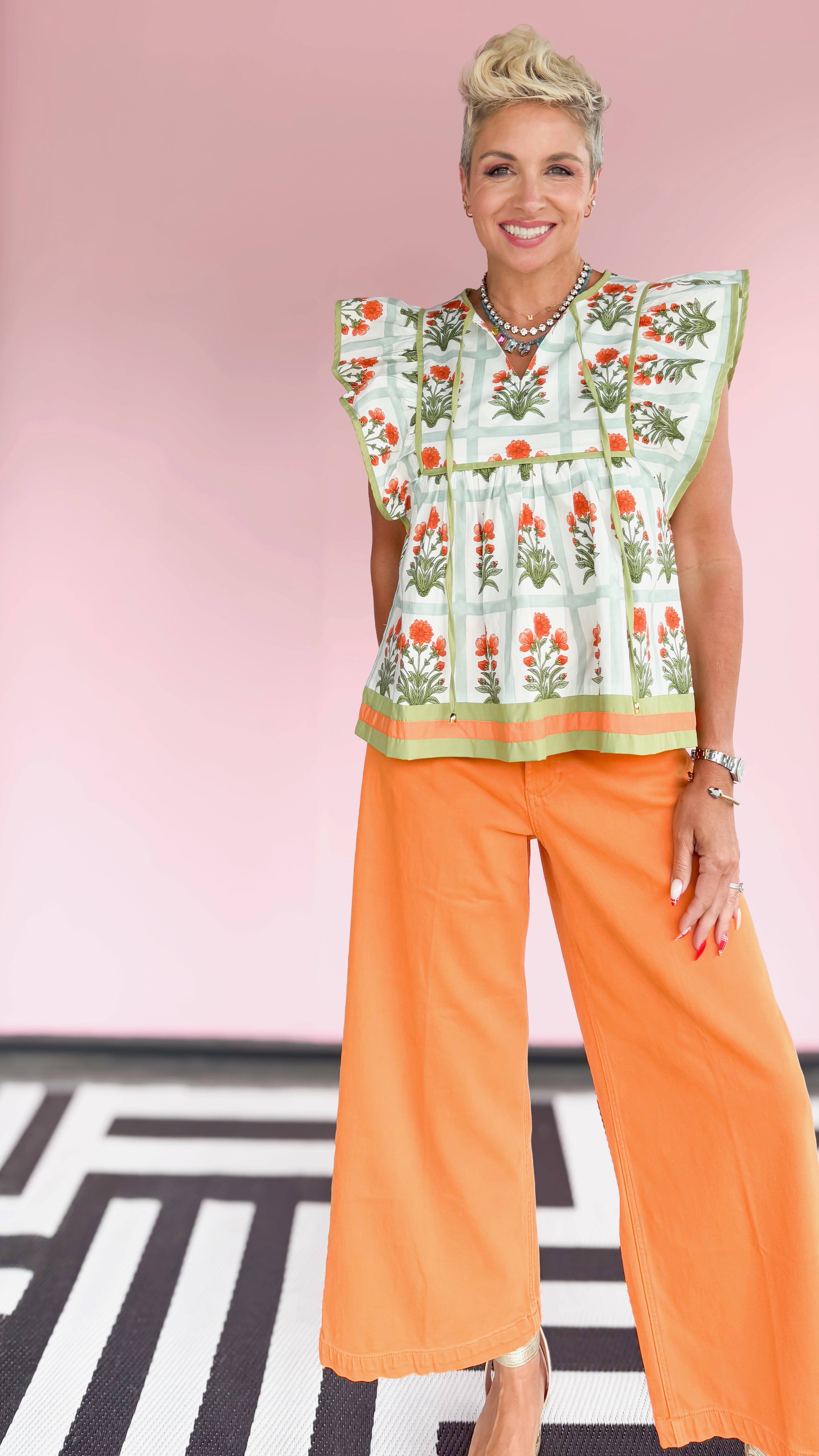 Floral Flutter Sleeve Top/Orange