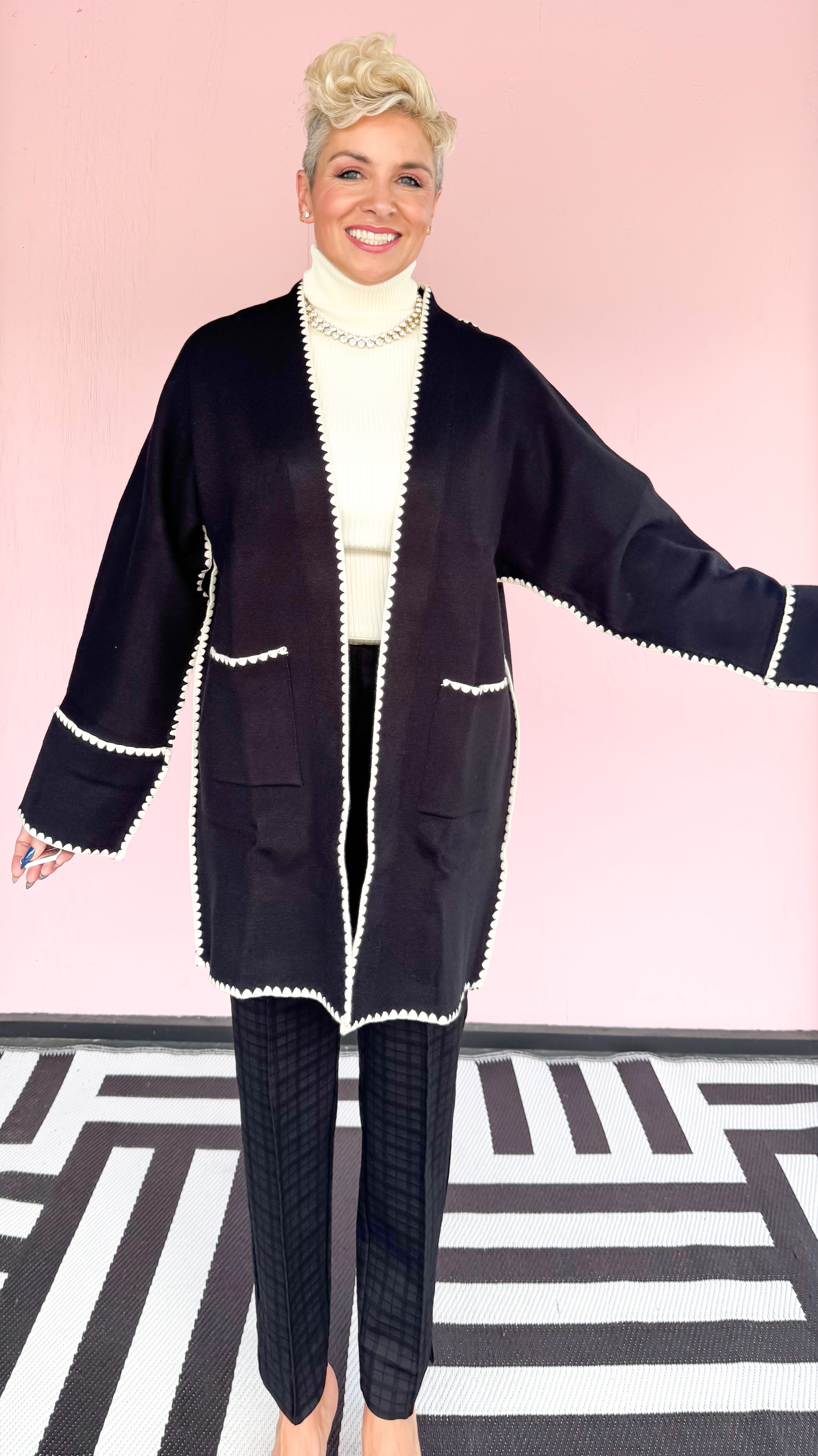 Open Front Long Cardigan with Stiching