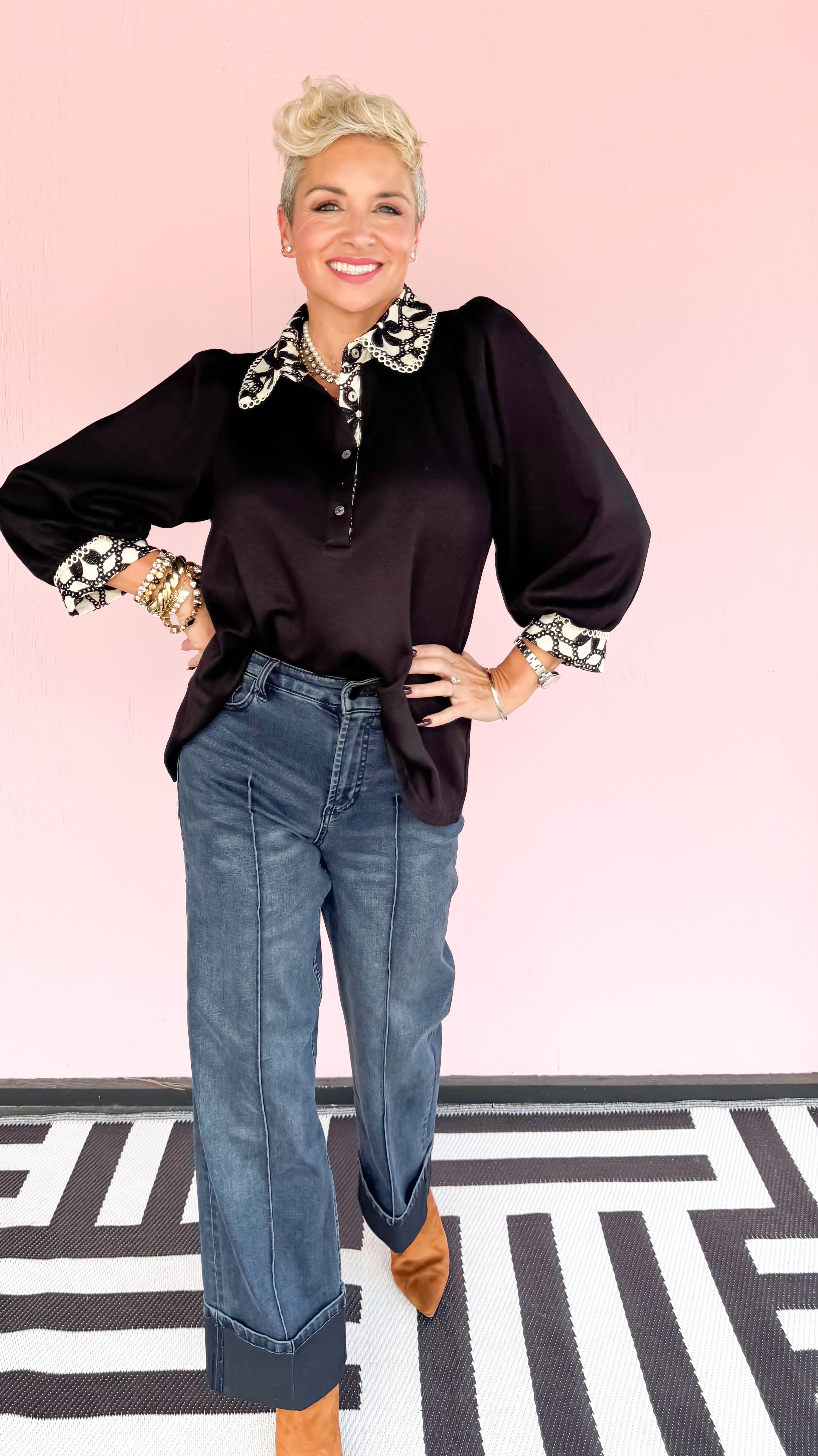 Maria Embroidered Trim Top/Black
