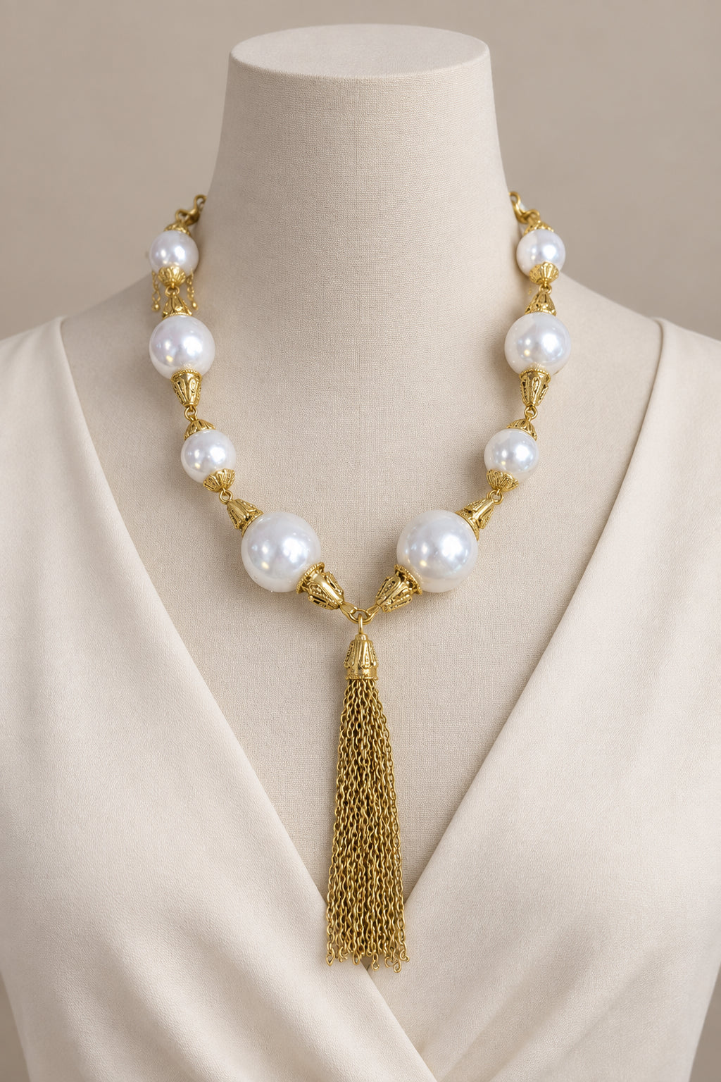 I R I & Studio Bold Pearl Station Necklace with Tassel, pearl stations with tassel, alternate view