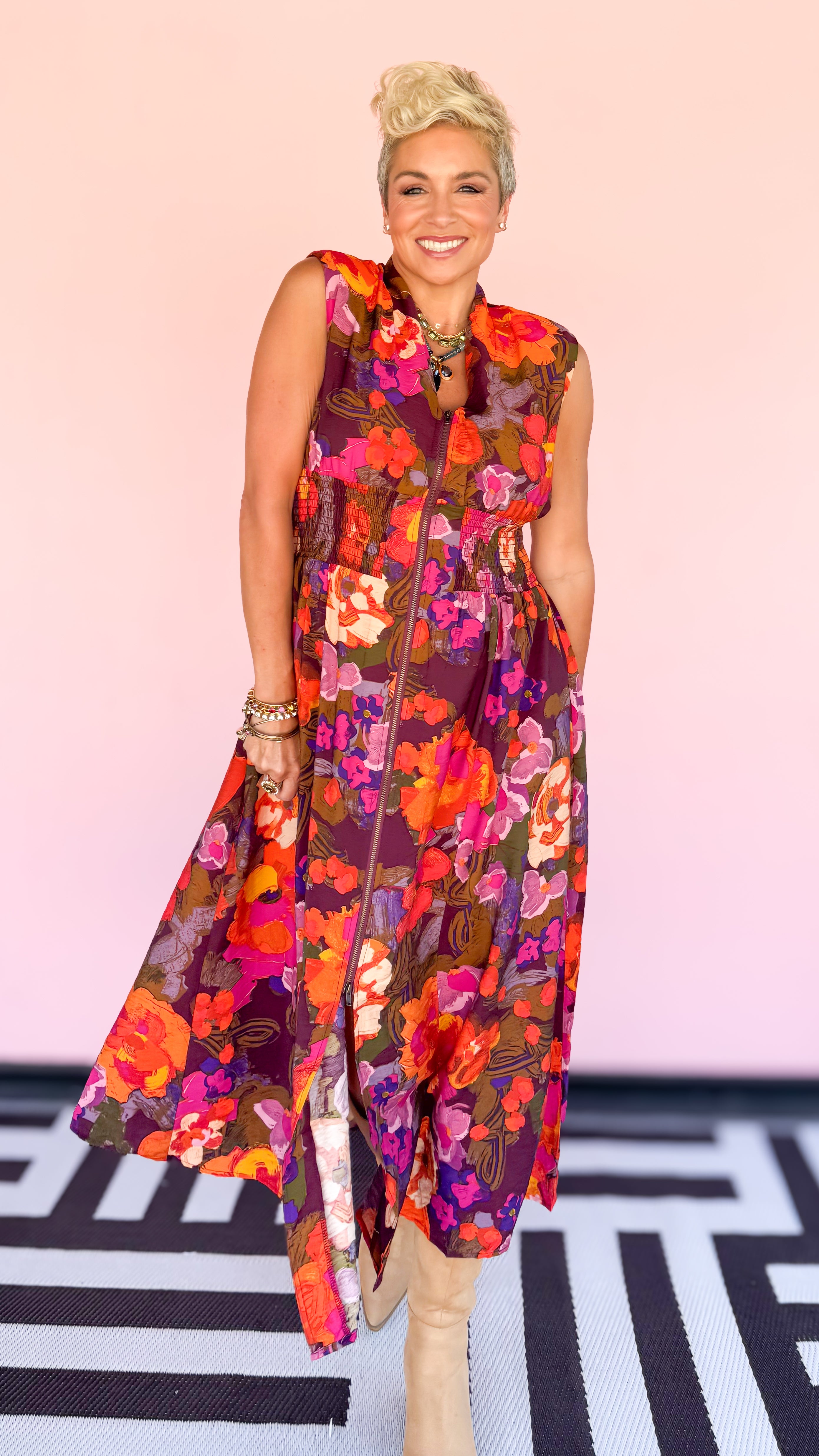 Front Zip Floral Midi Dress