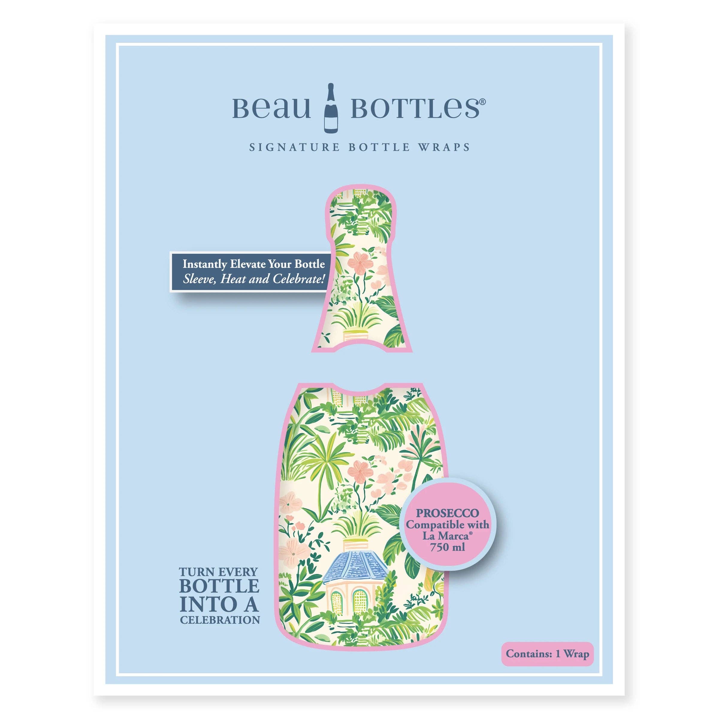 Beau Bottles Verde Palm Pavilion La Marca prosecco bottle wrap — close-up view — BLVD Boutik