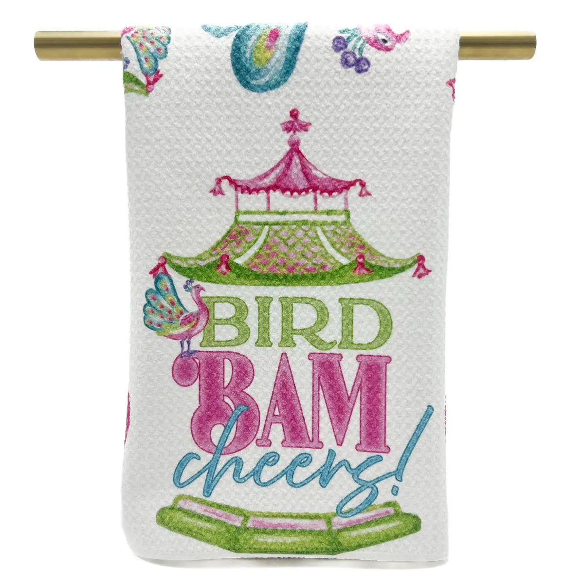 Bird, bam, cheers mahjong waffle-weave tea towel, front view