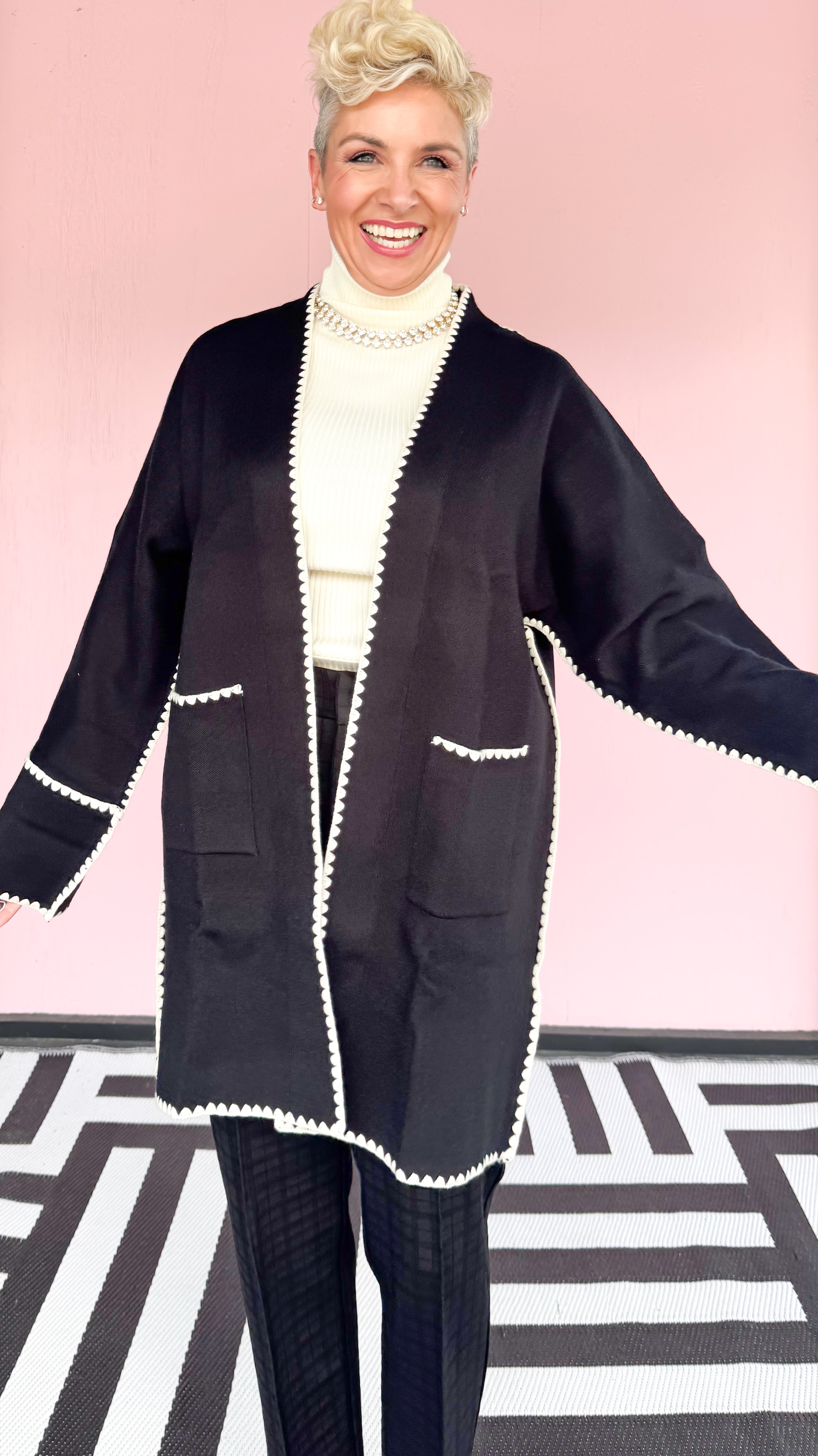 Open Front Long Cardigan with Stiching
