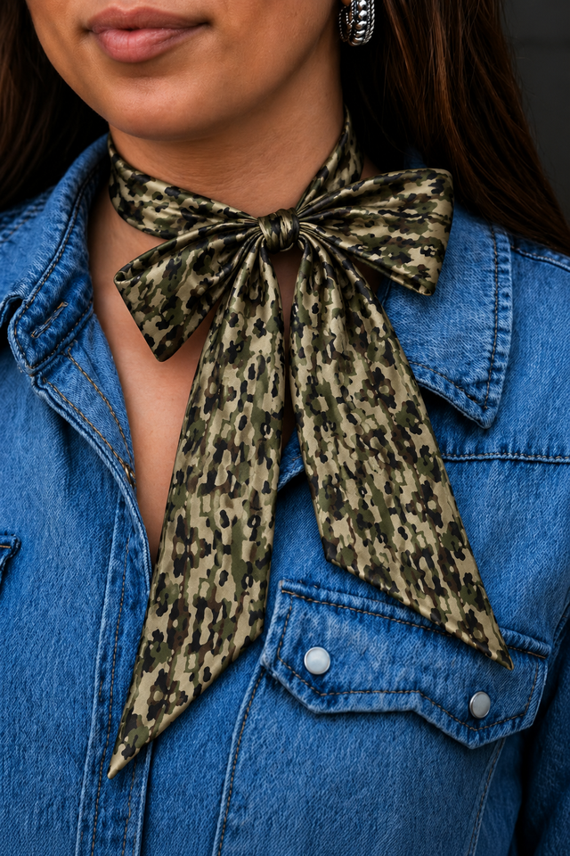 Classic camo silk twilly tied at the neck with a denim shirt