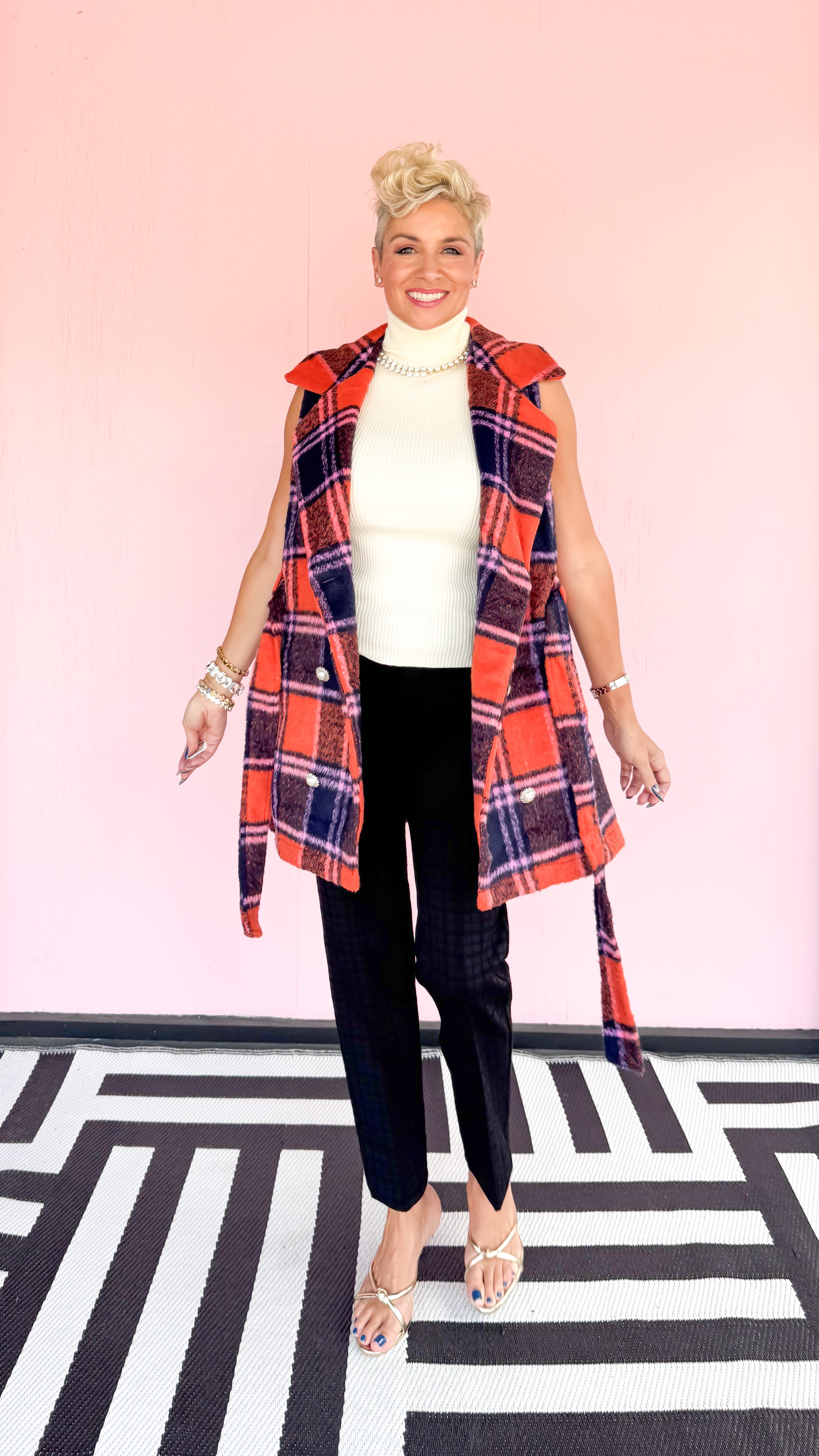 Plaid Double Breasted Vest Pearl Buttons