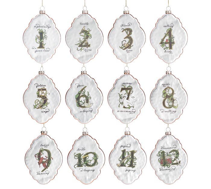 12 Days of Christmas glass ornaments showing painted day numbers on the back
