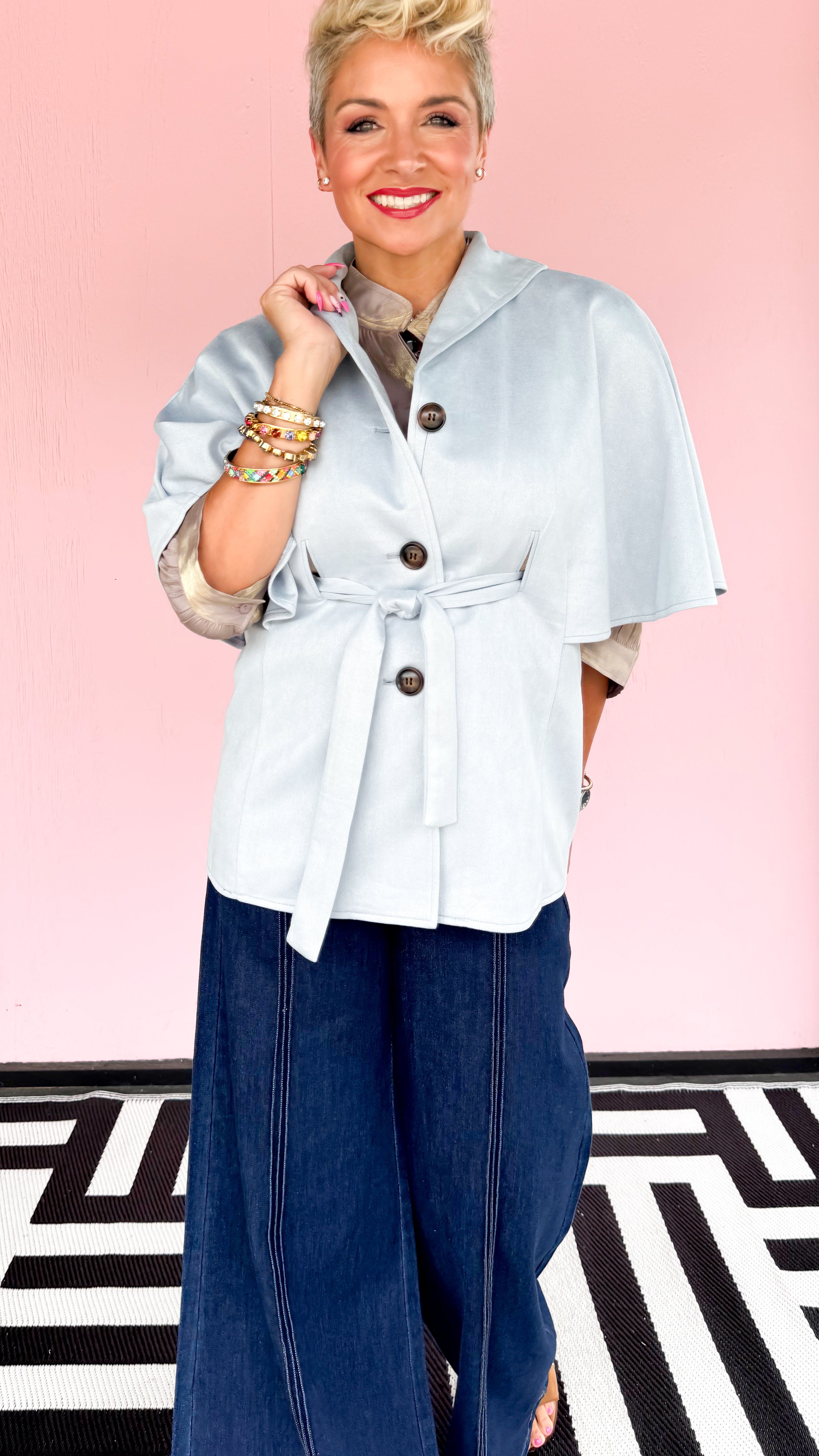 Beatrice Belted Short Sleeve Jacket/Blue - The BLVD