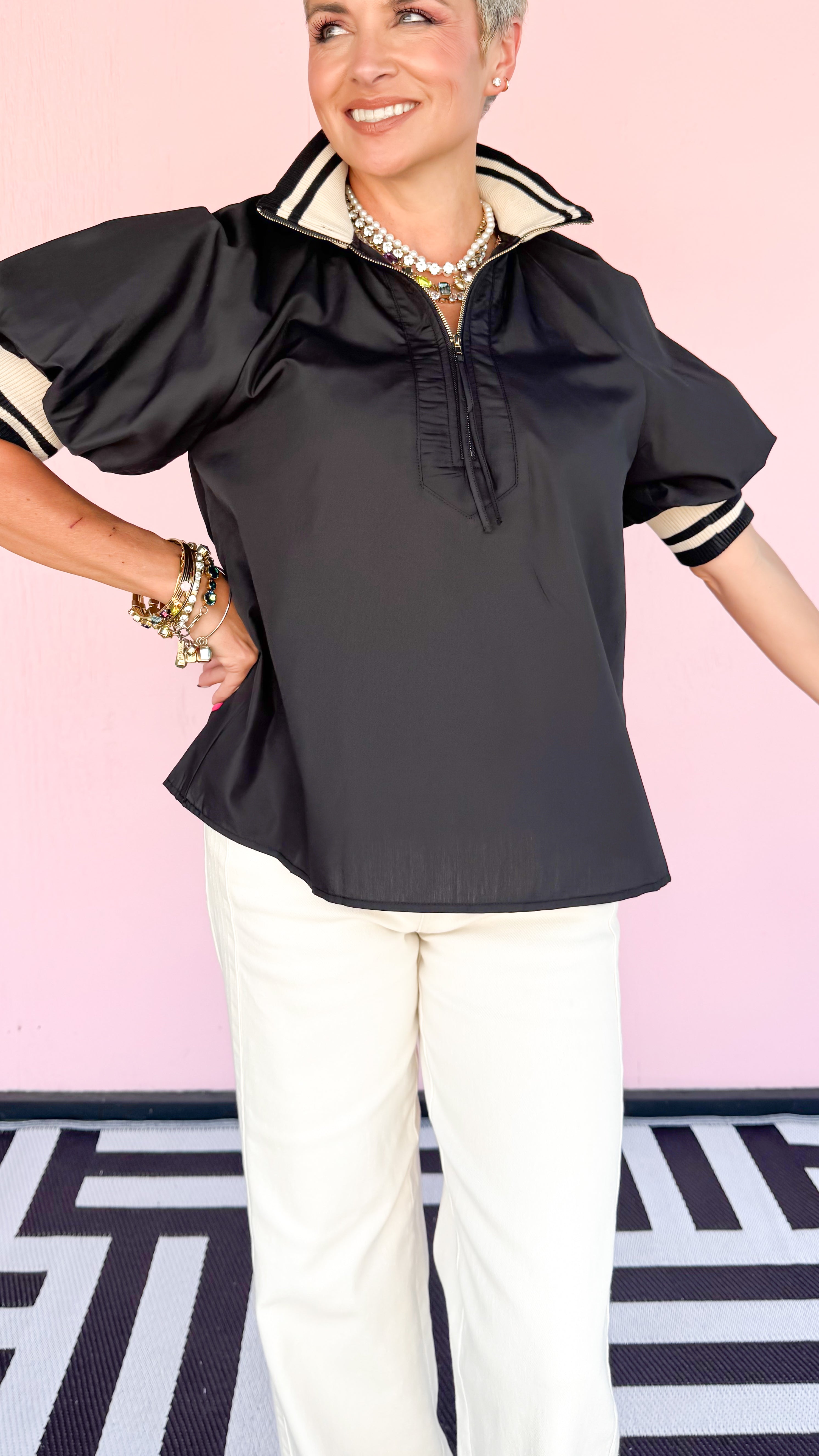 1/2 Zip Cuffed Top/Black