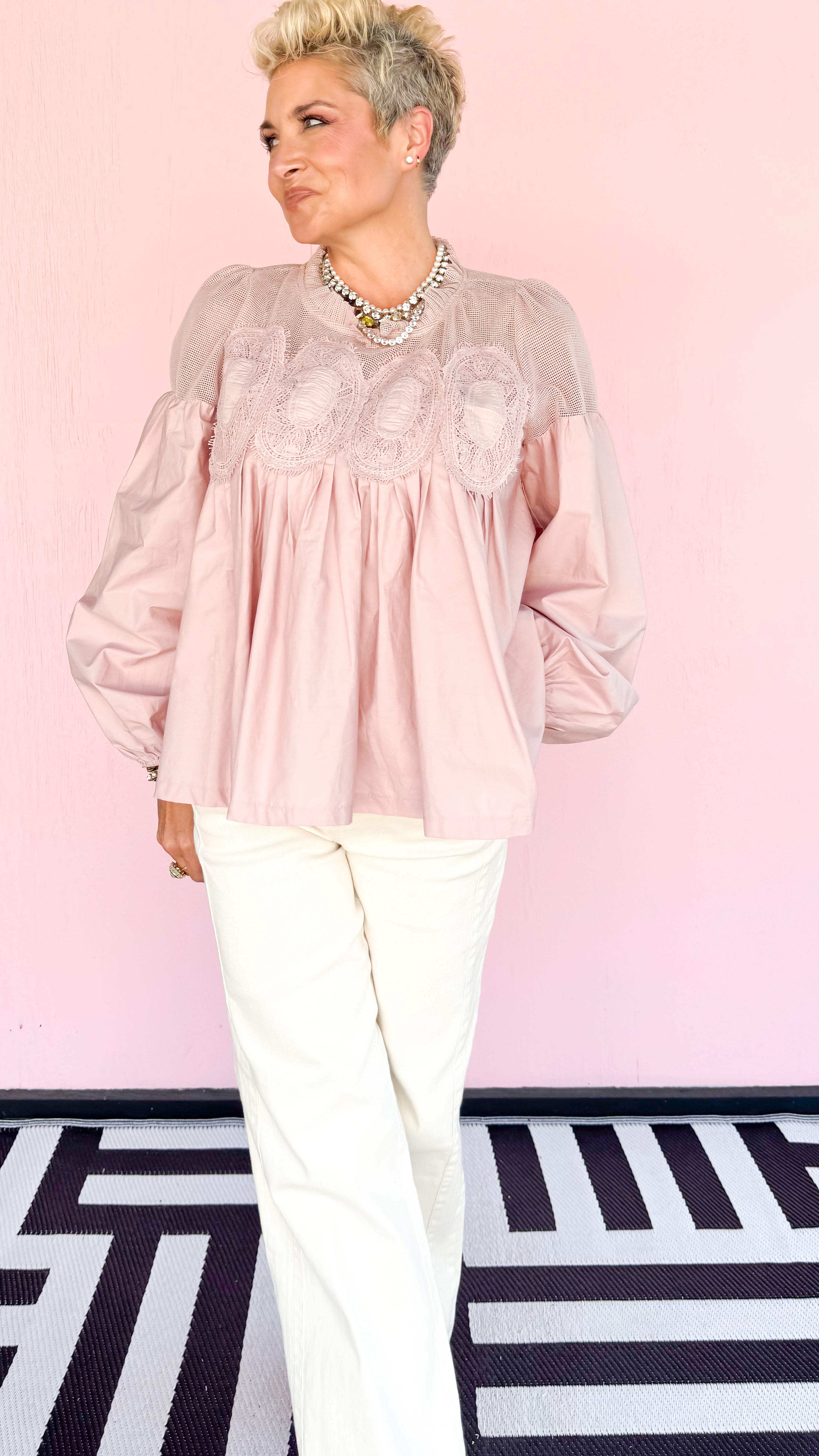 Lace Applique Detail Top/Mauve