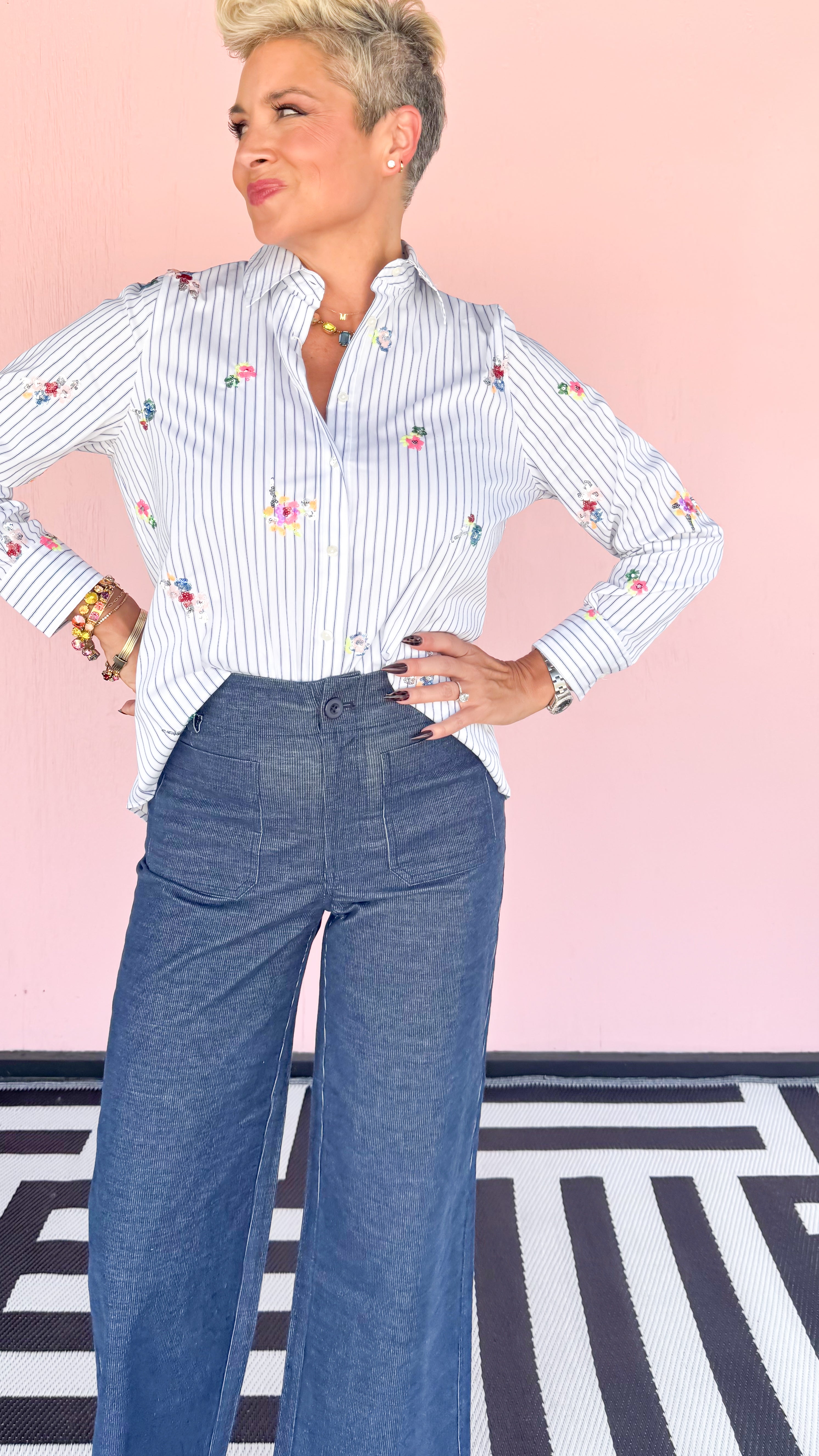 Sequin Floral Striped Blouse