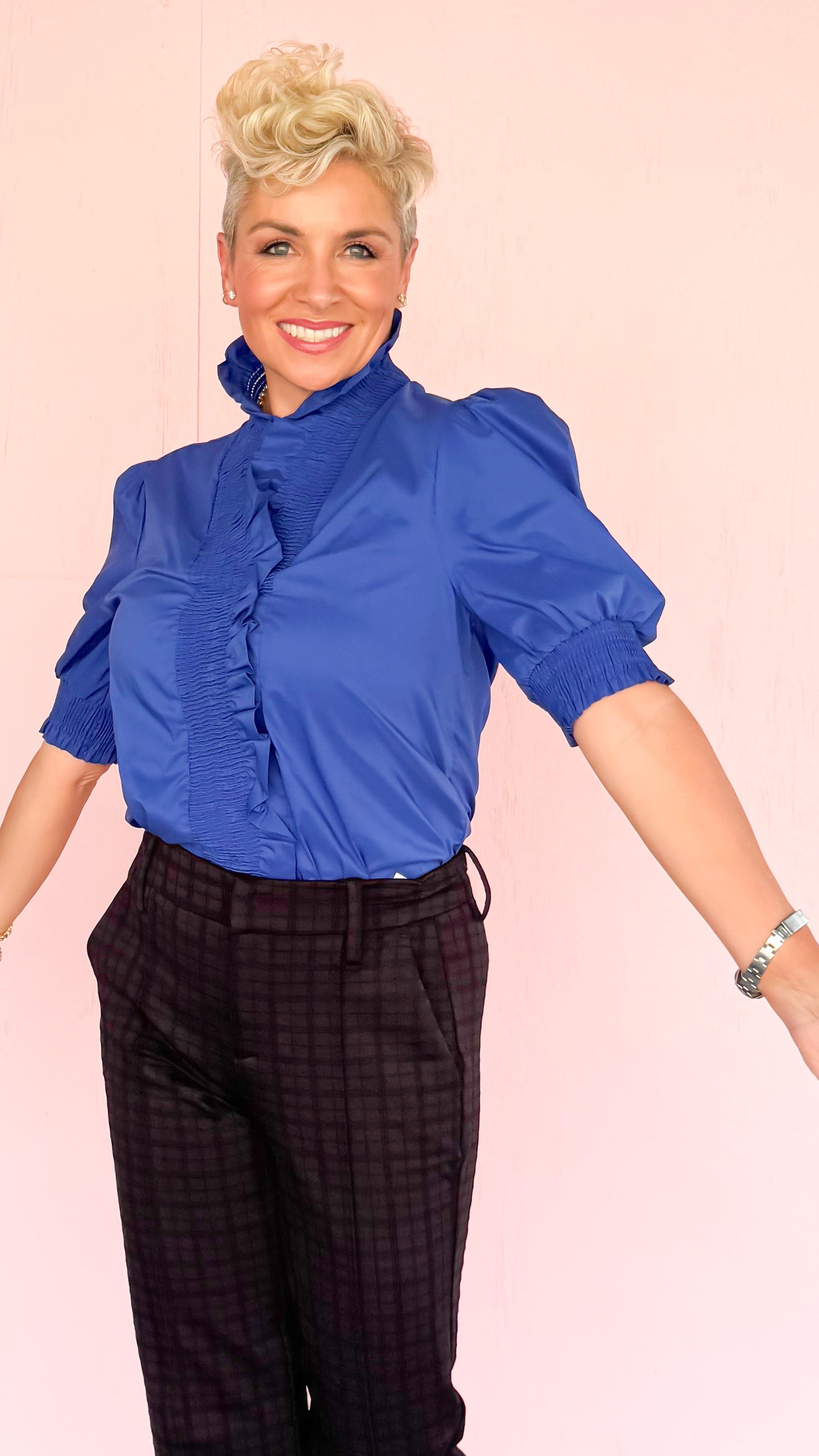 Ruffle Collar Puff Sleeve Blouse/Blue