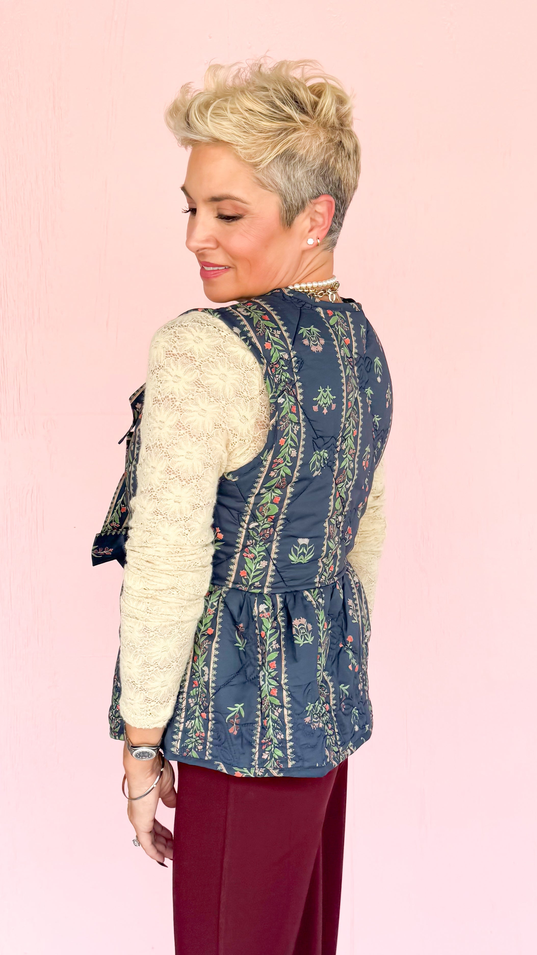 Bobbi Bow Front Quilted Vest/Navy