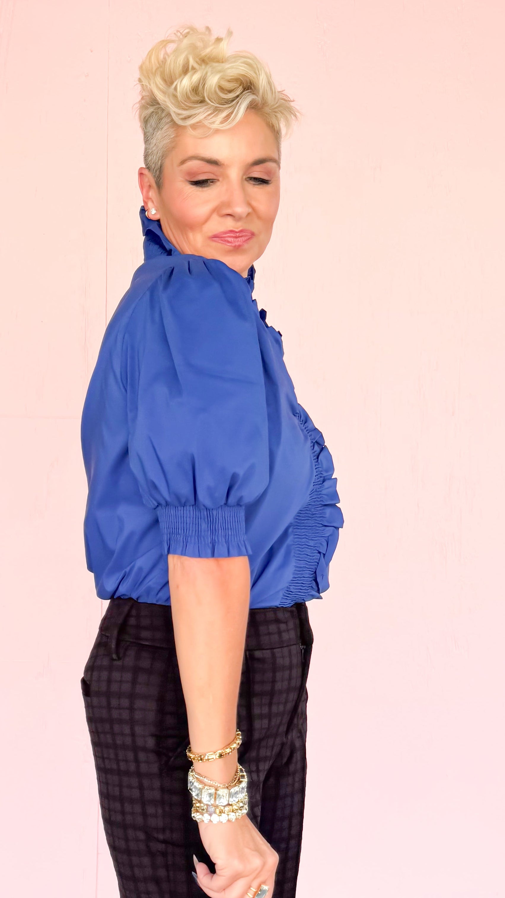 Ruffle Collar Puff Sleeve Blouse/Blue