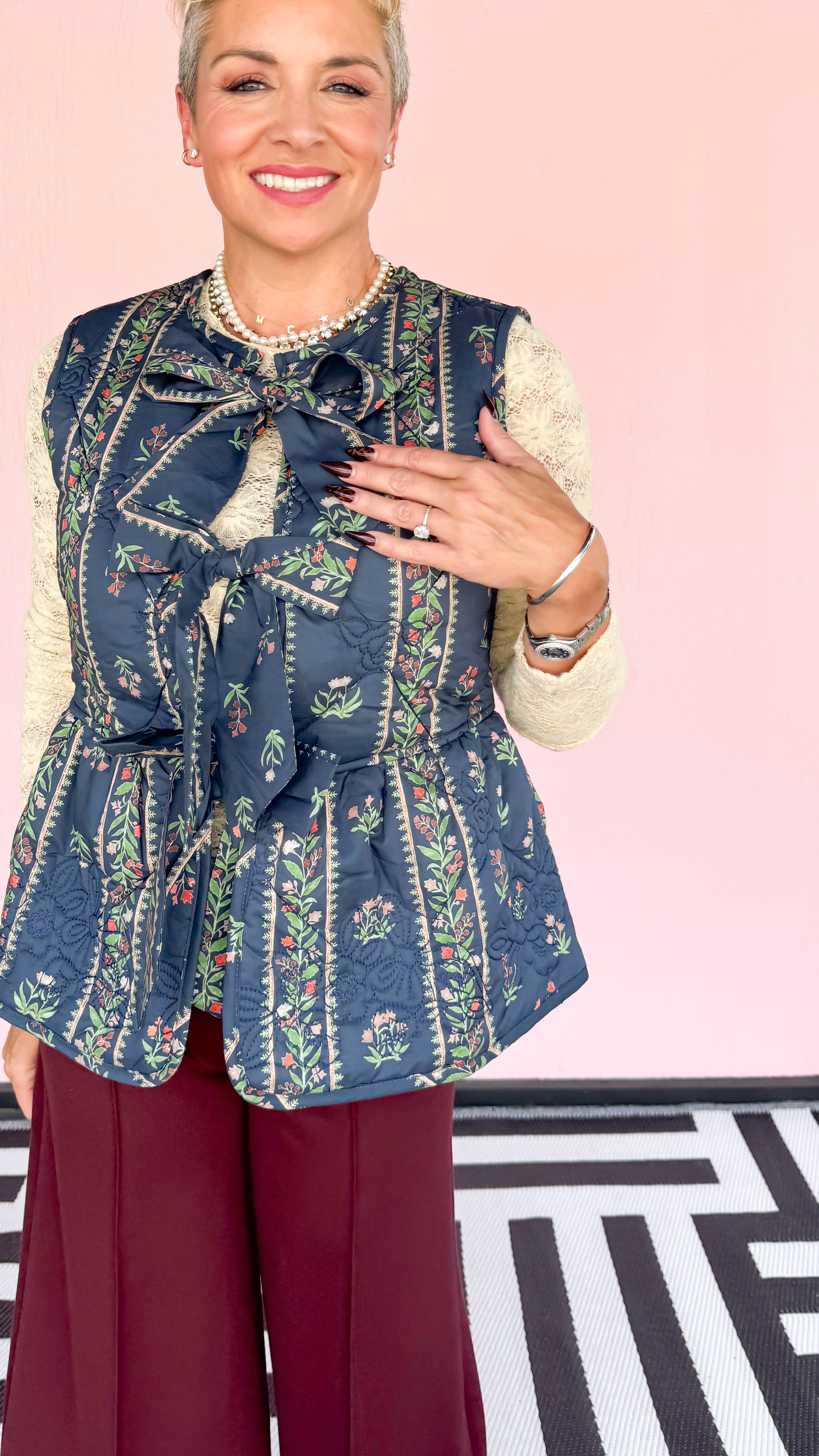 Bobbi Bow Front Quilted Vest/Navy