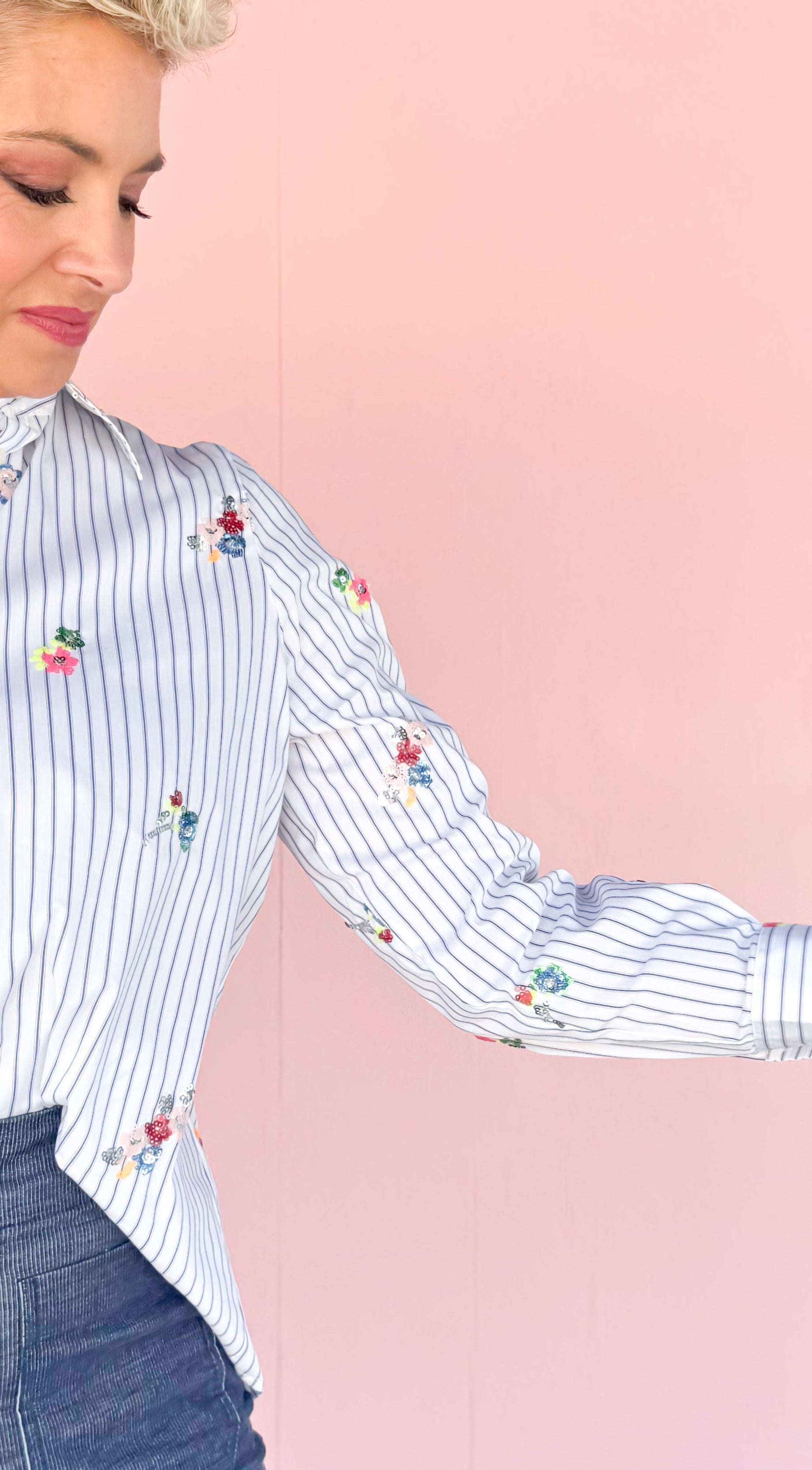 Sequin Floral Striped Blouse