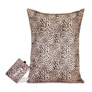 Leopard print pillow and pouch on a white background