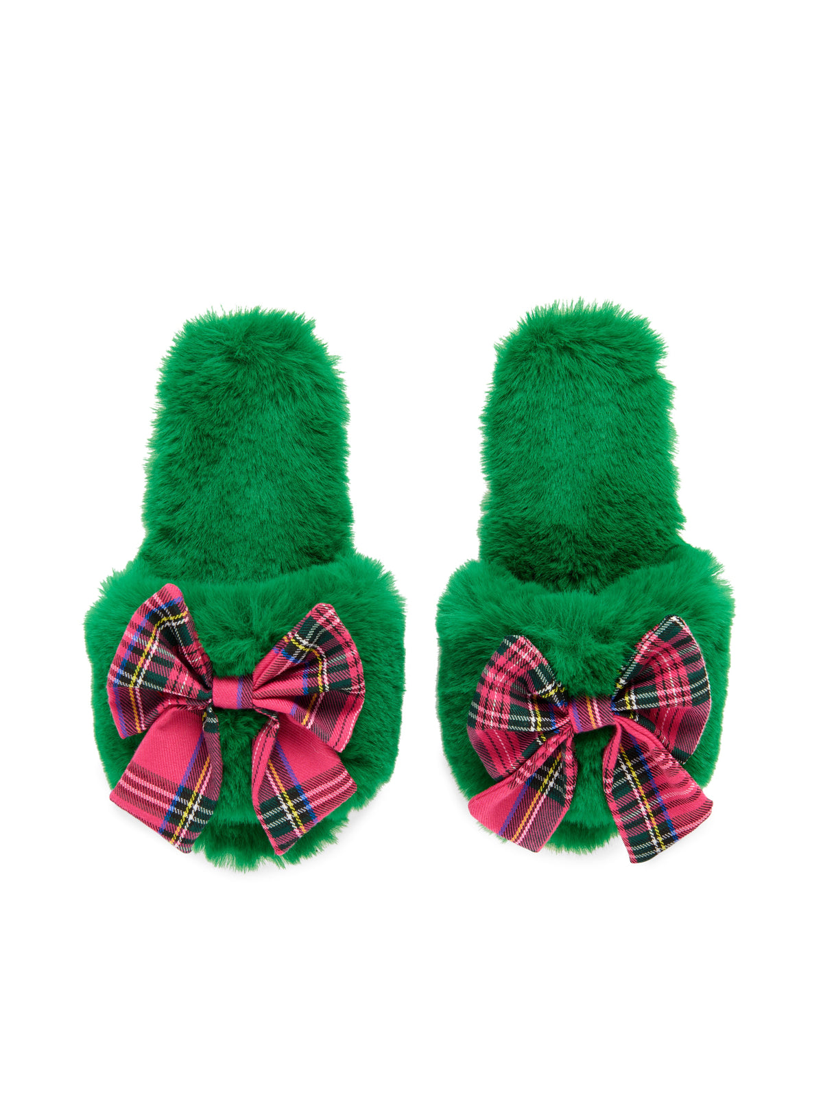 Shiraleah Scottie Slippers in green faux fur with pink and red tartan bows, polyester and PVC, pair, front view