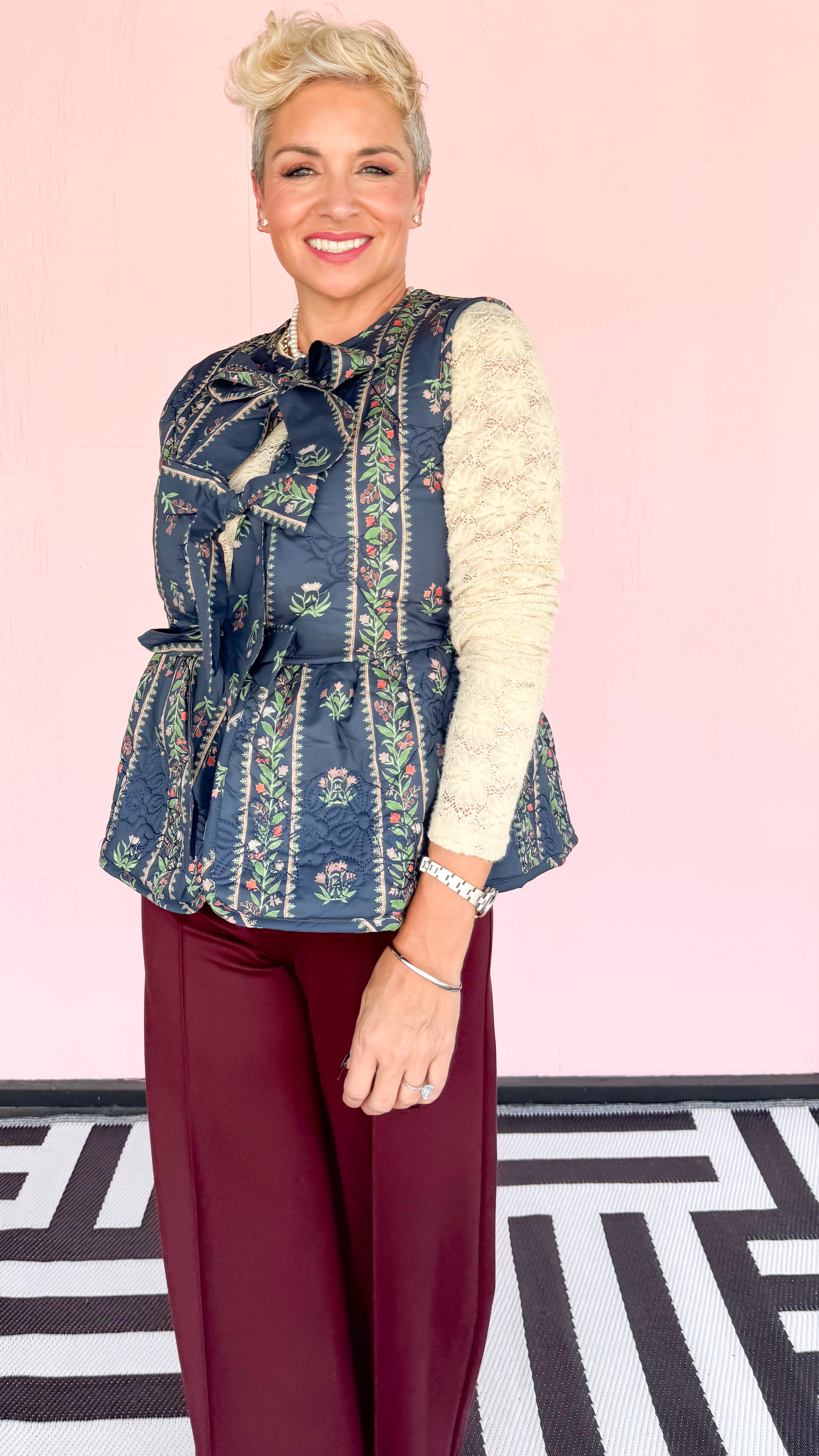 Bobbi Bow Front Quilted Vest/Navy