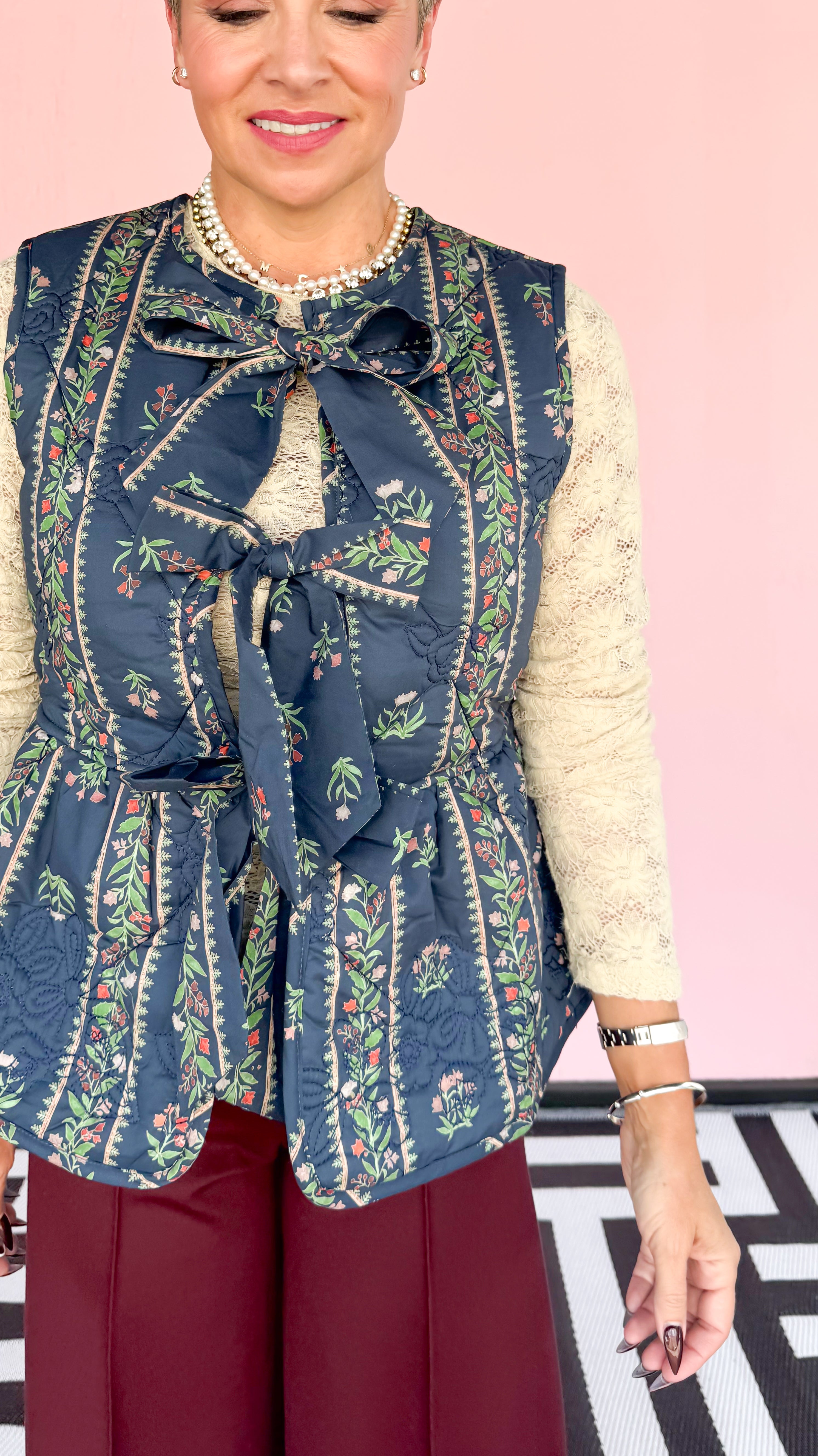 Bobbi Bow Front Quilted Vest/Navy