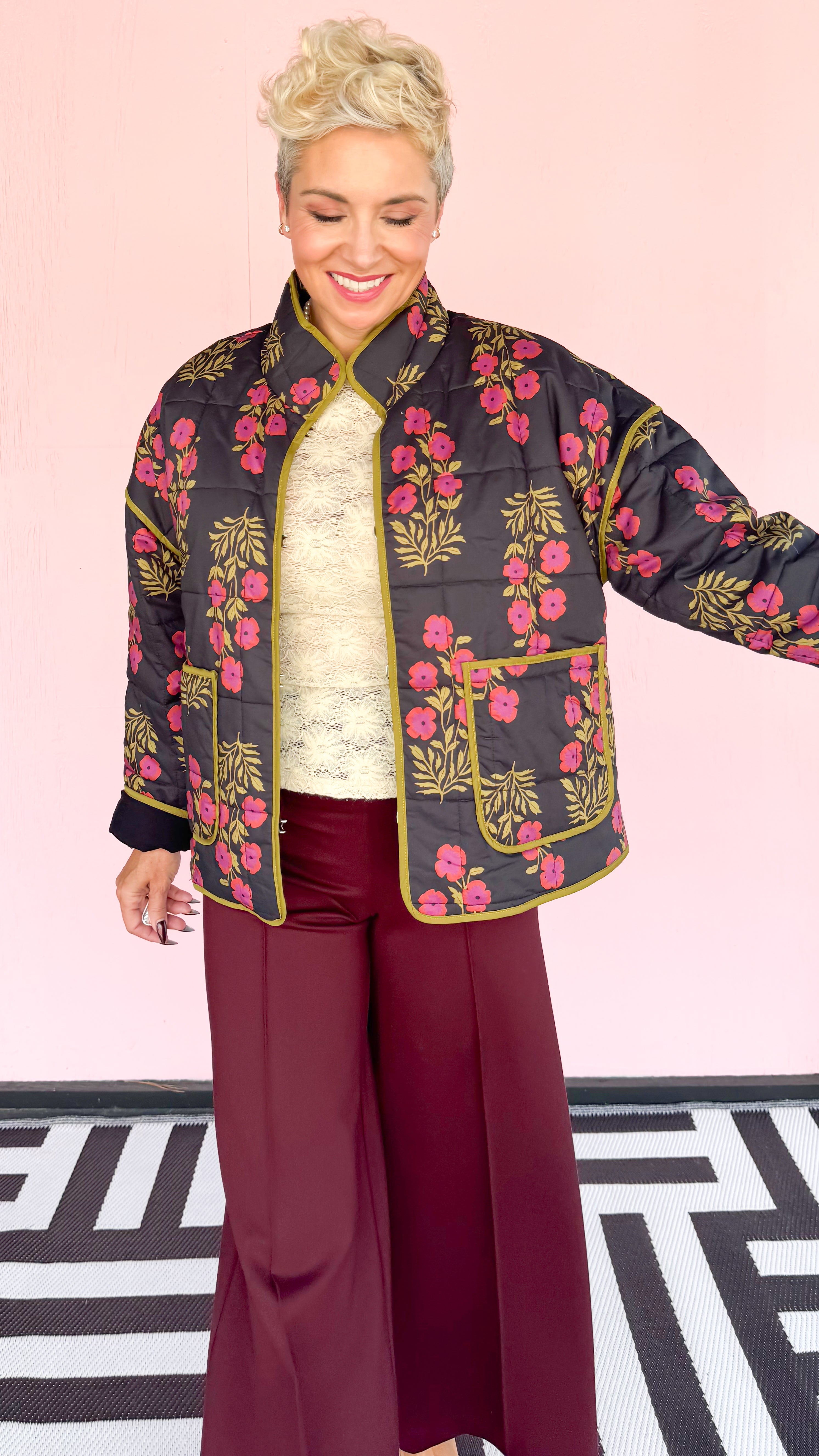 Quilted Short Floral Jacket/Black