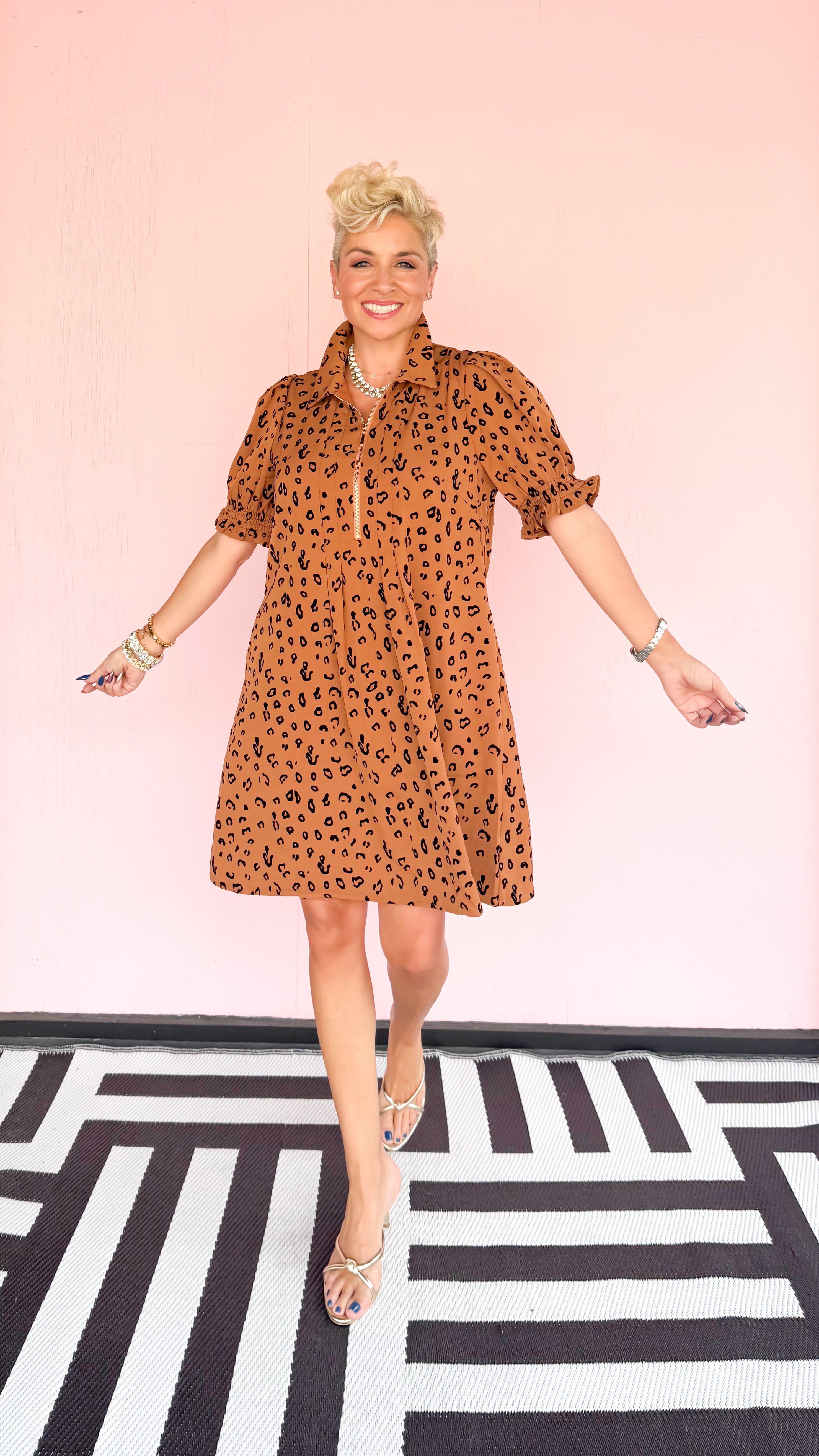 Front Zip Darts Dress/Brown Leopard