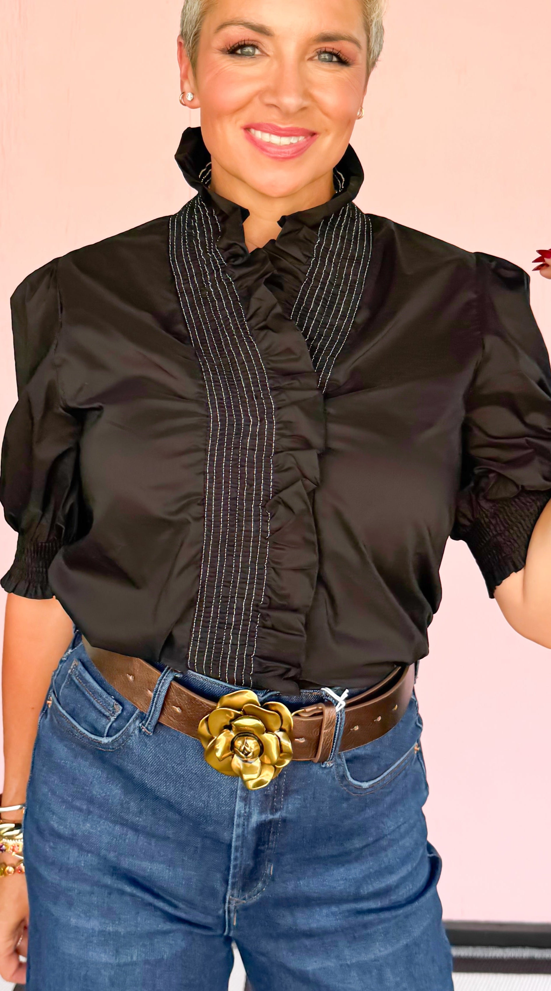 Ruffle Collar Puff Sleeve Blouse/Black