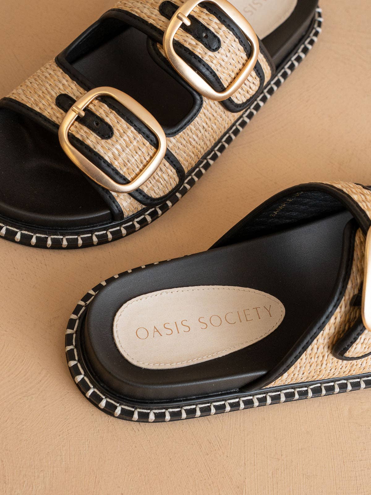 The Daytona Two-Tone Raffia Gold Buckle Sandal