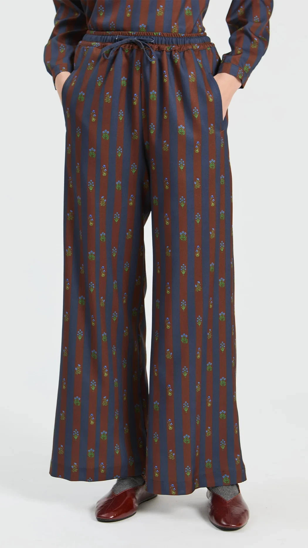 Nova Floral Stripe Pant/Brown & Navy