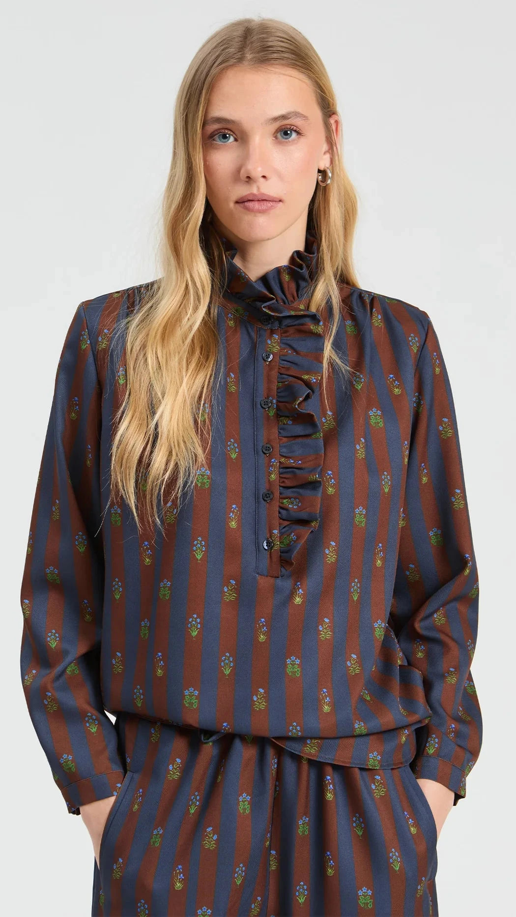 Volantes Floral Stripe Shirt/Brown & Navy