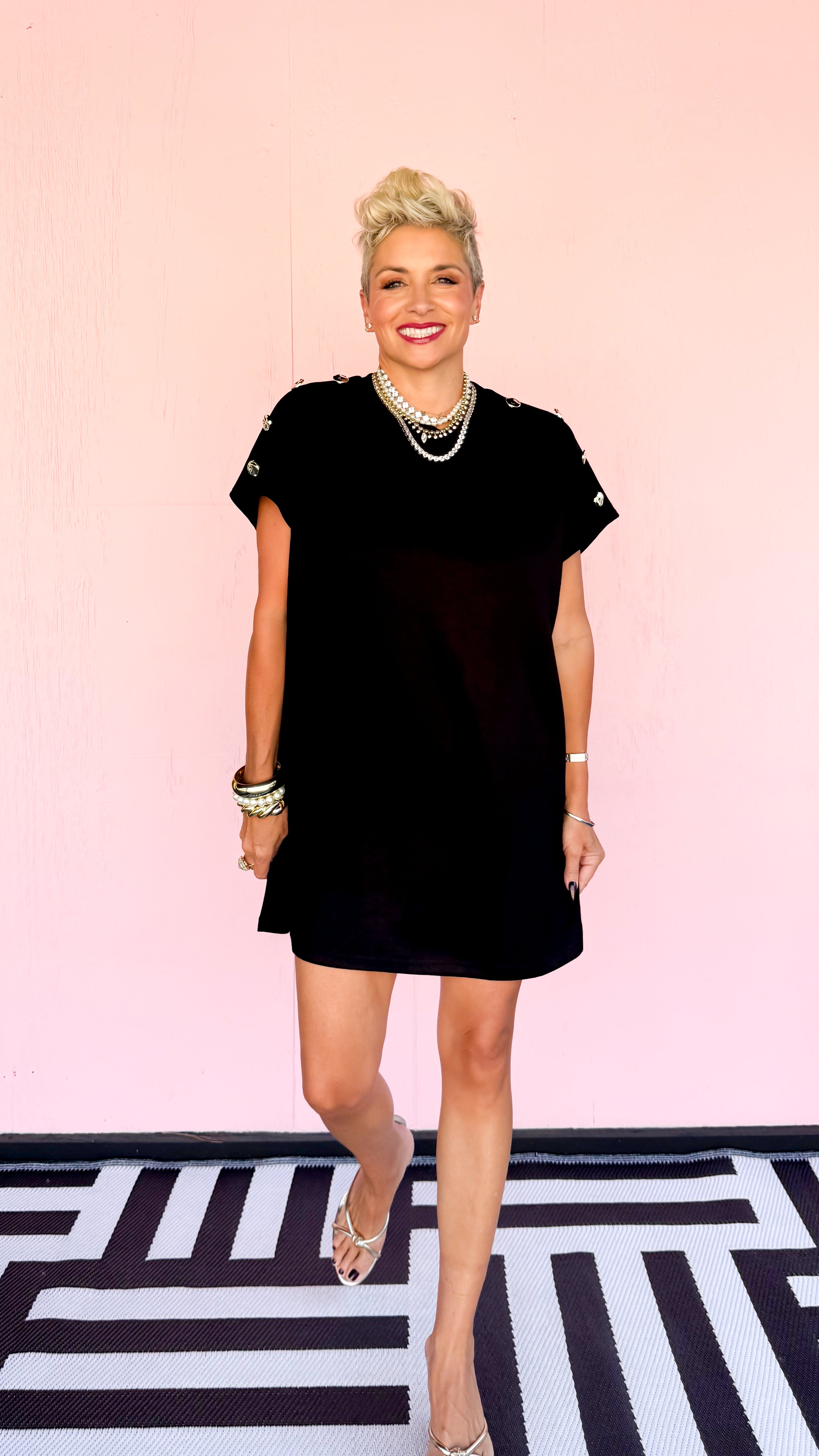 Gold Button Detail Knit Dress/Black