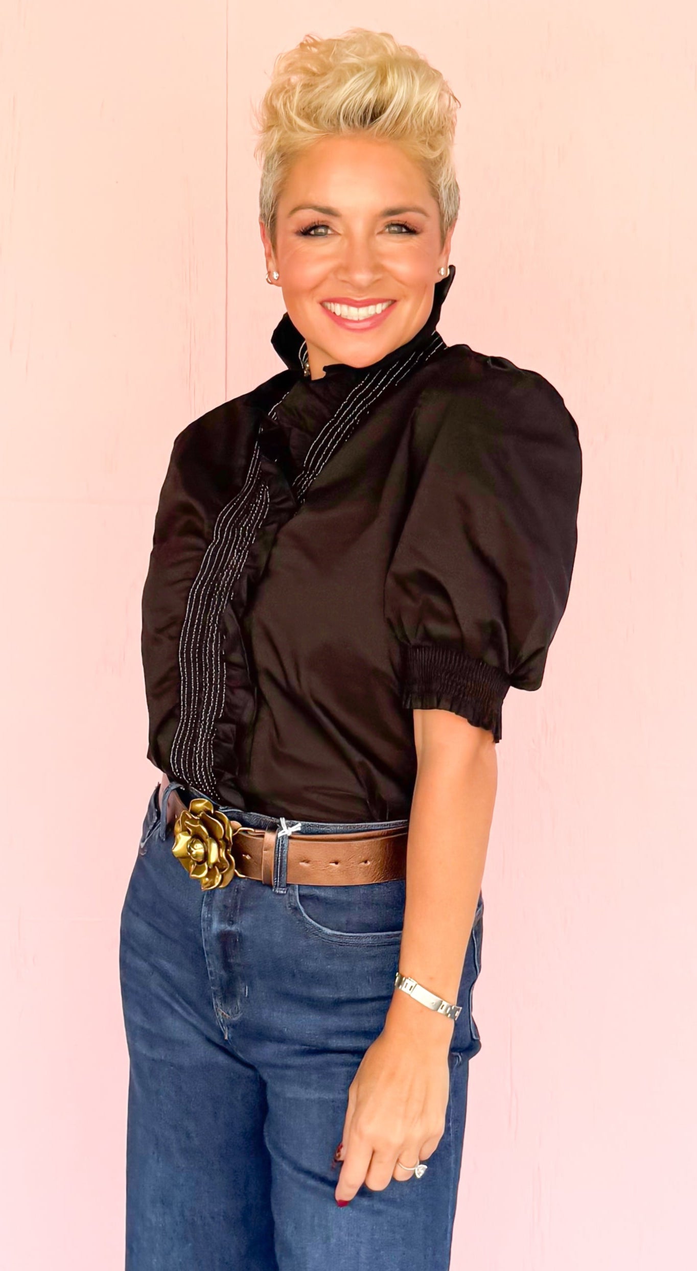 Ruffle Collar Puff Sleeve Blouse/Black