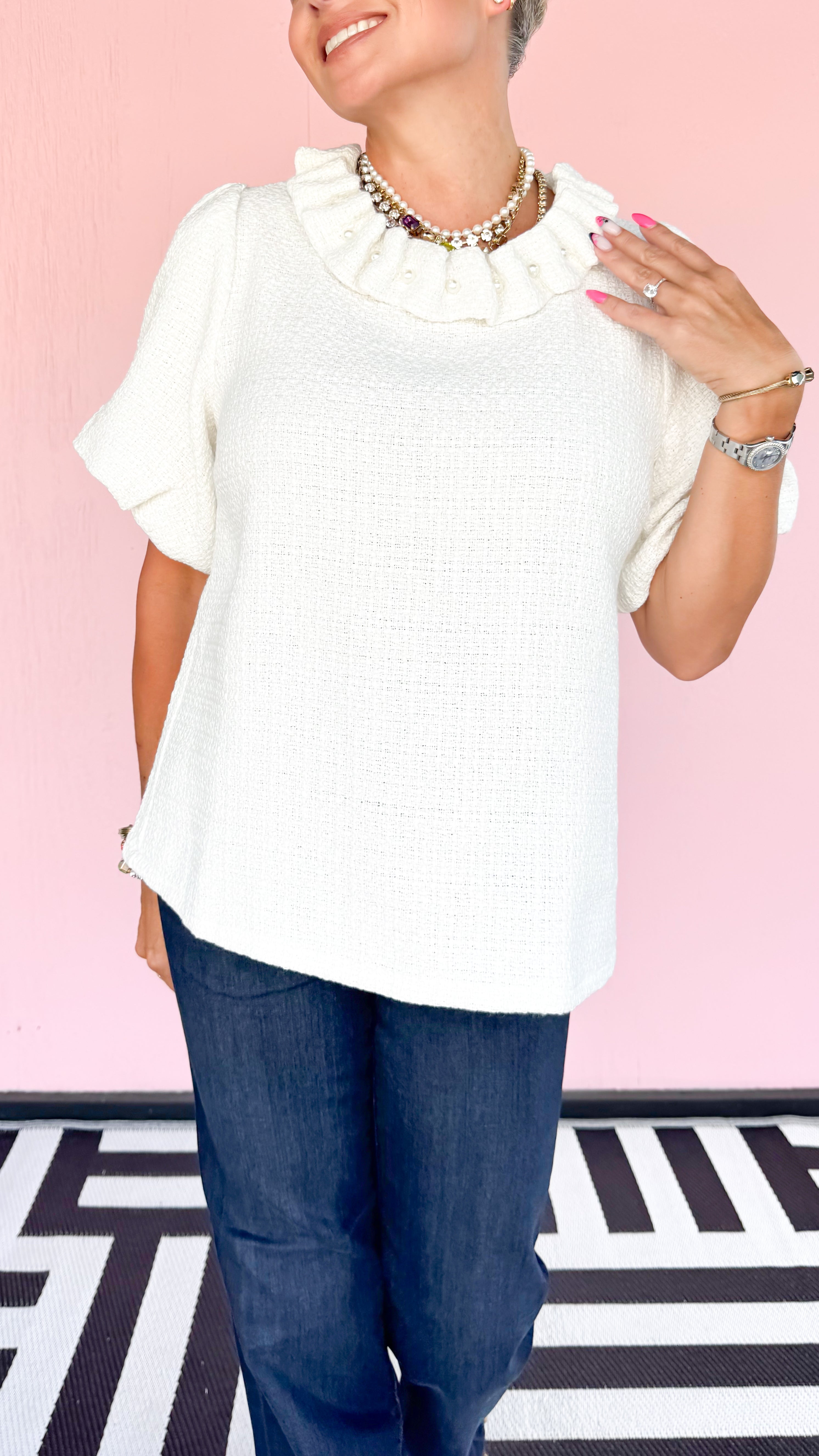 Laney Pearl Neckline Top/Cream