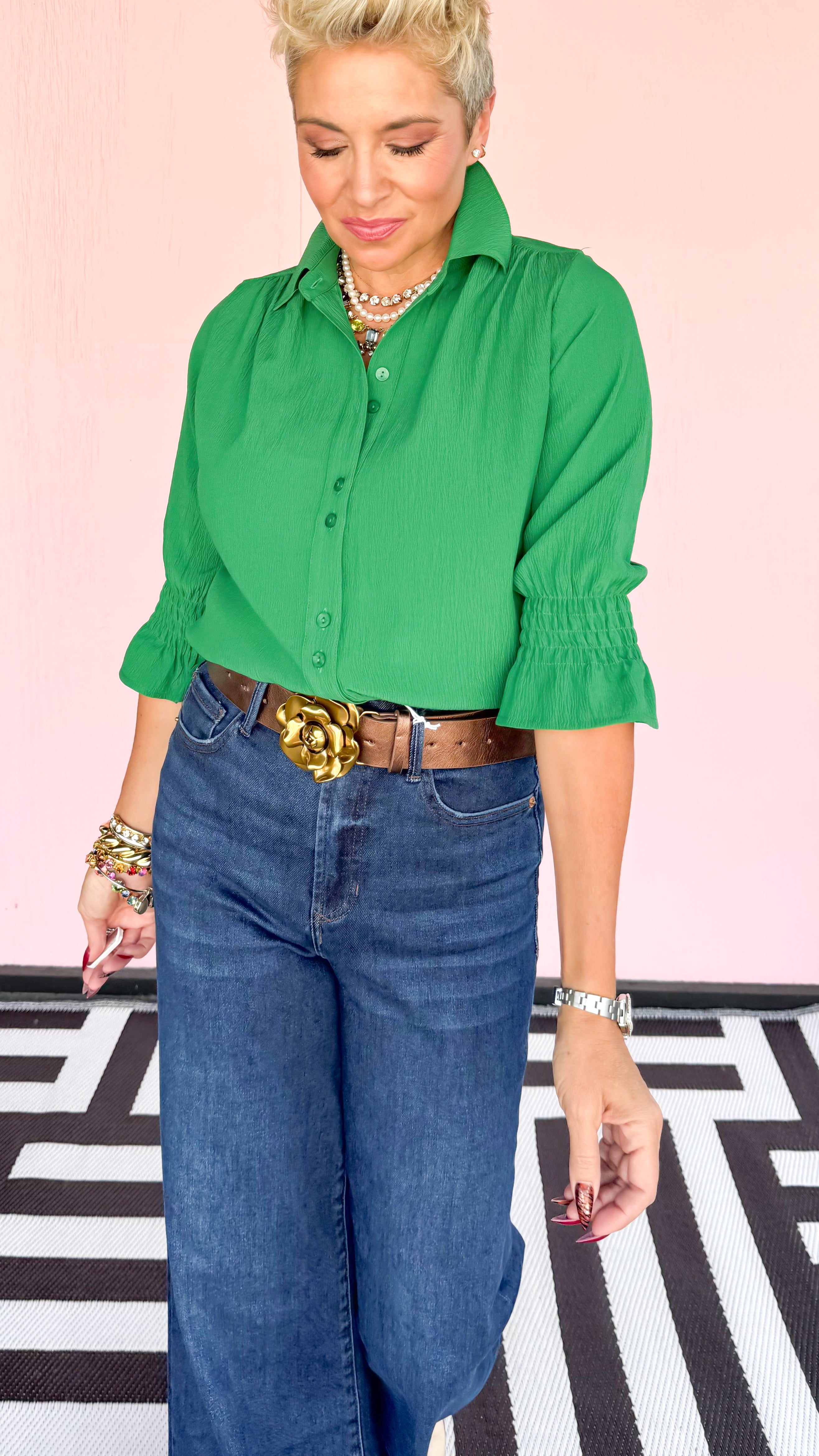 Emerald Green Button Down 3/4 Sleeve