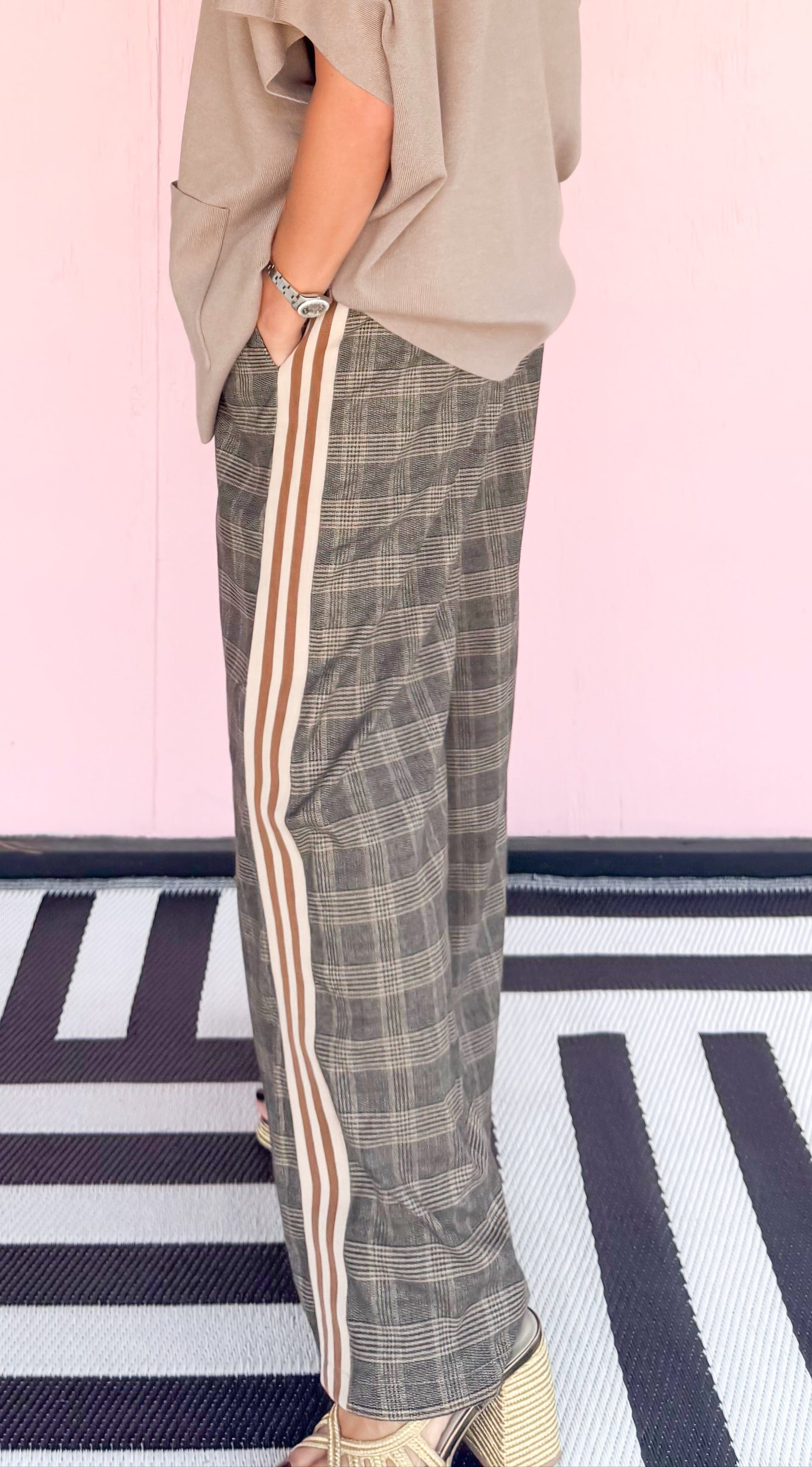 Stripe Detail Plaid Pants/Brown
