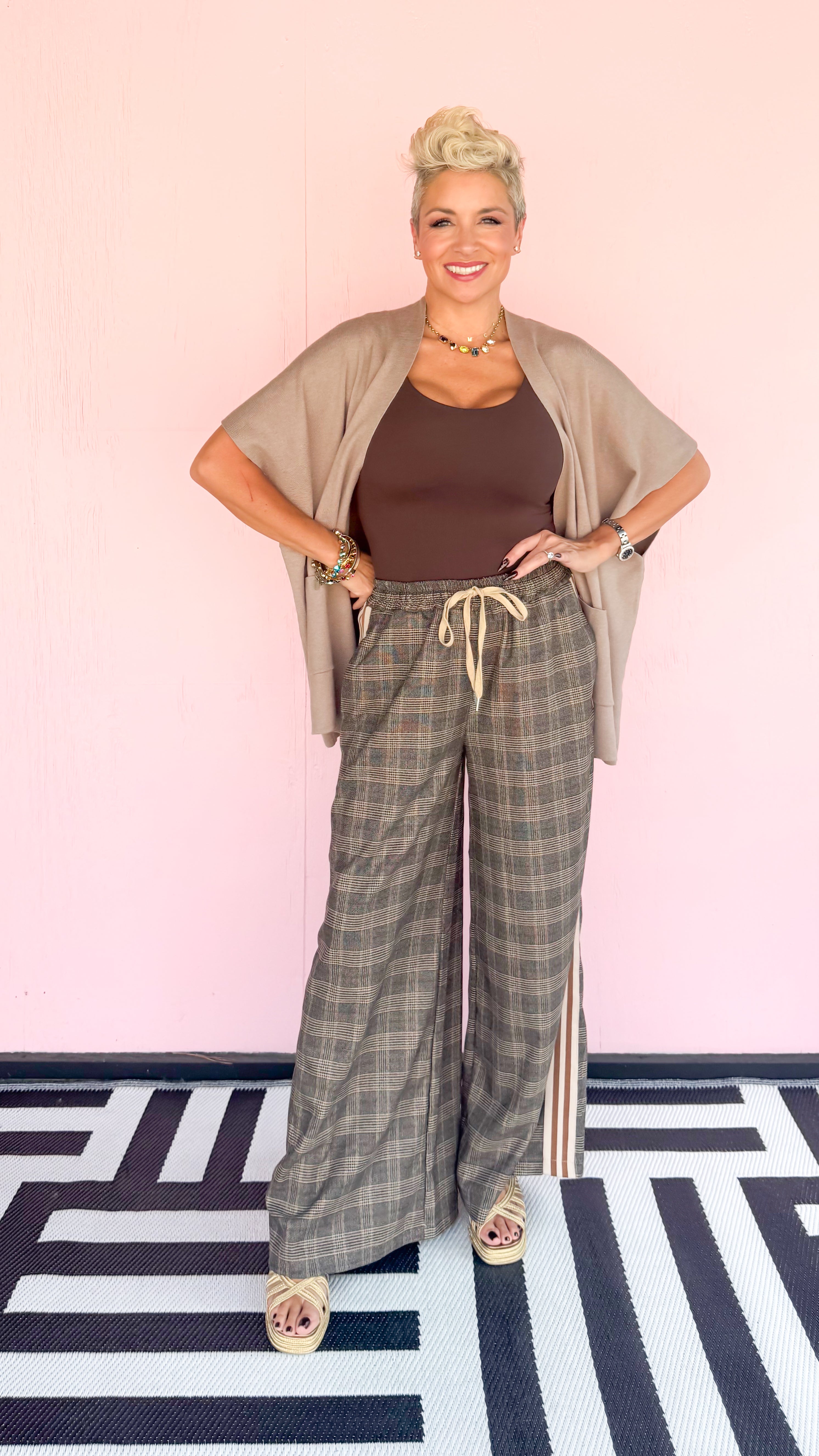 Stripe Detail Plaid Pants/Brown