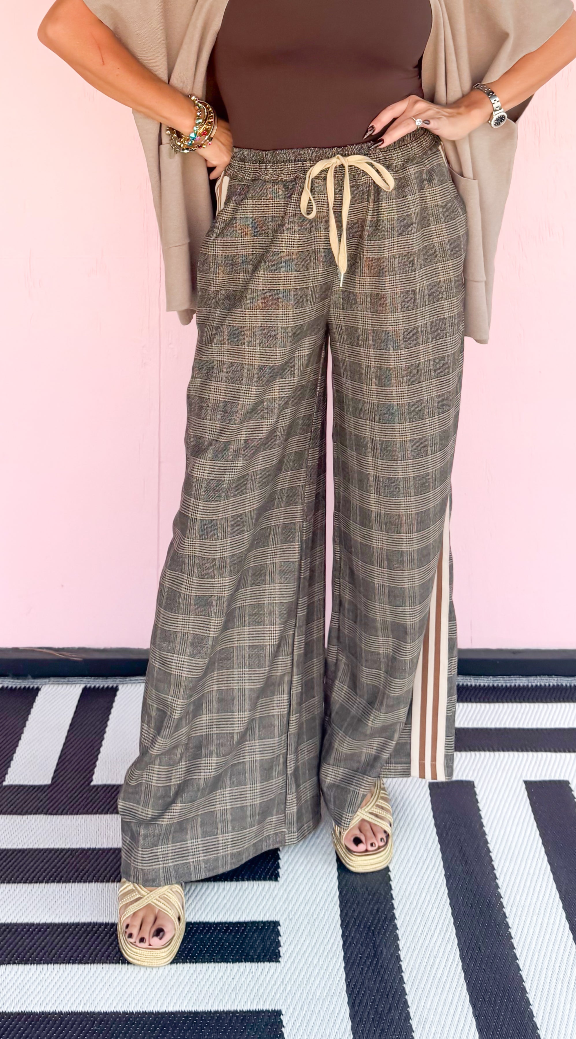 Stripe Detail Plaid Pants/Brown