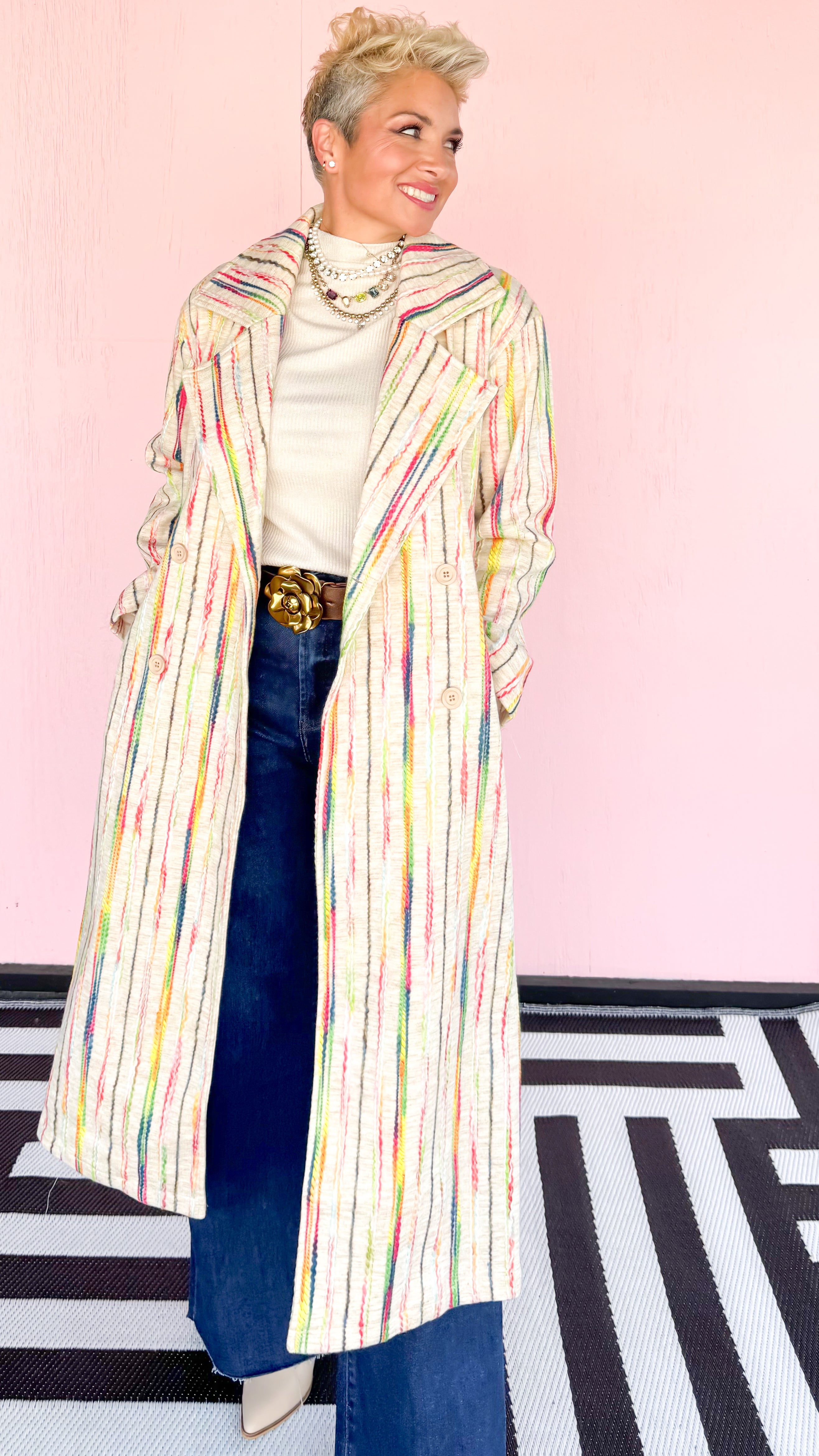 Color Stripe Button Down Coat