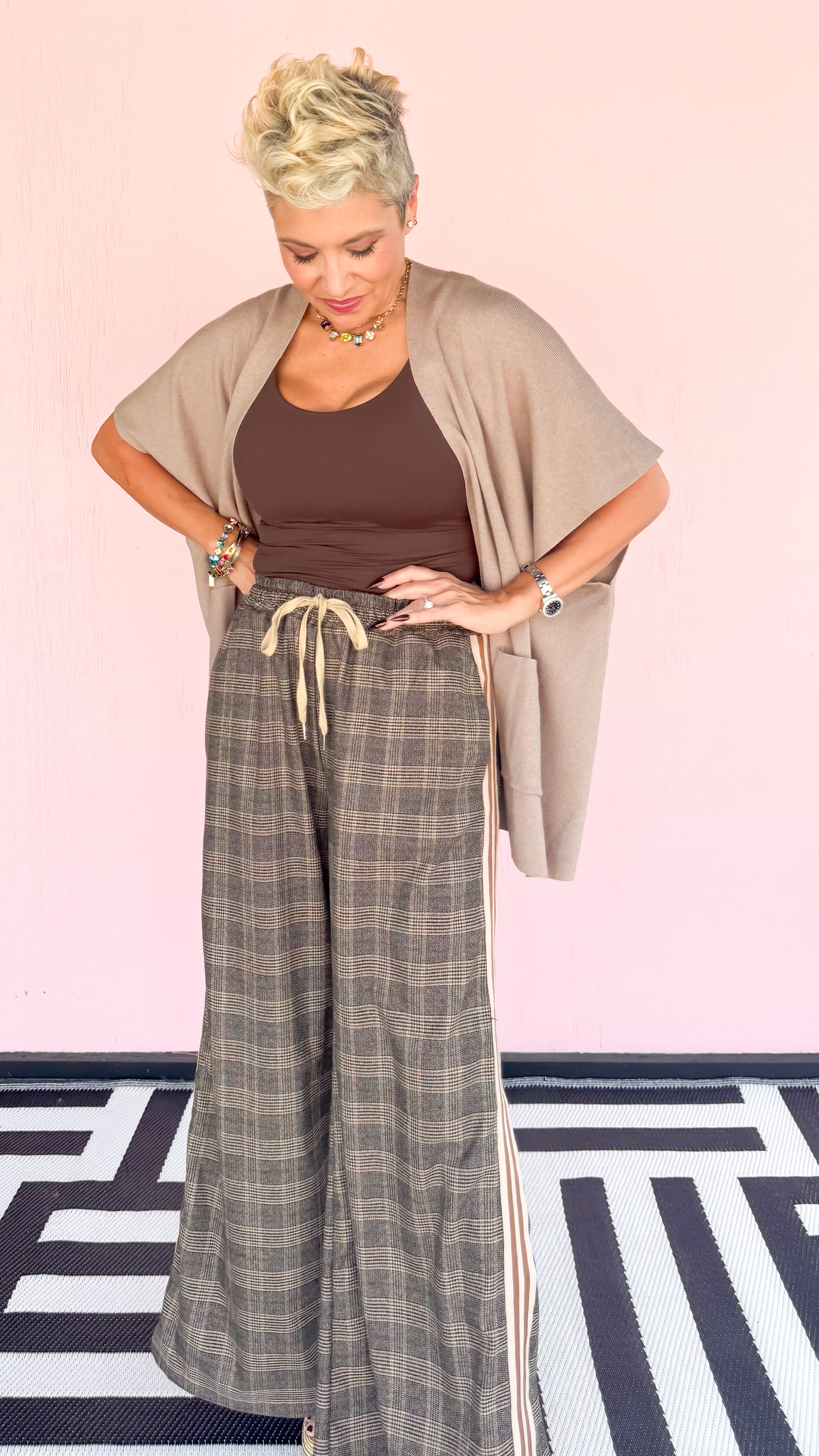 Stripe Detail Plaid Pants/Brown