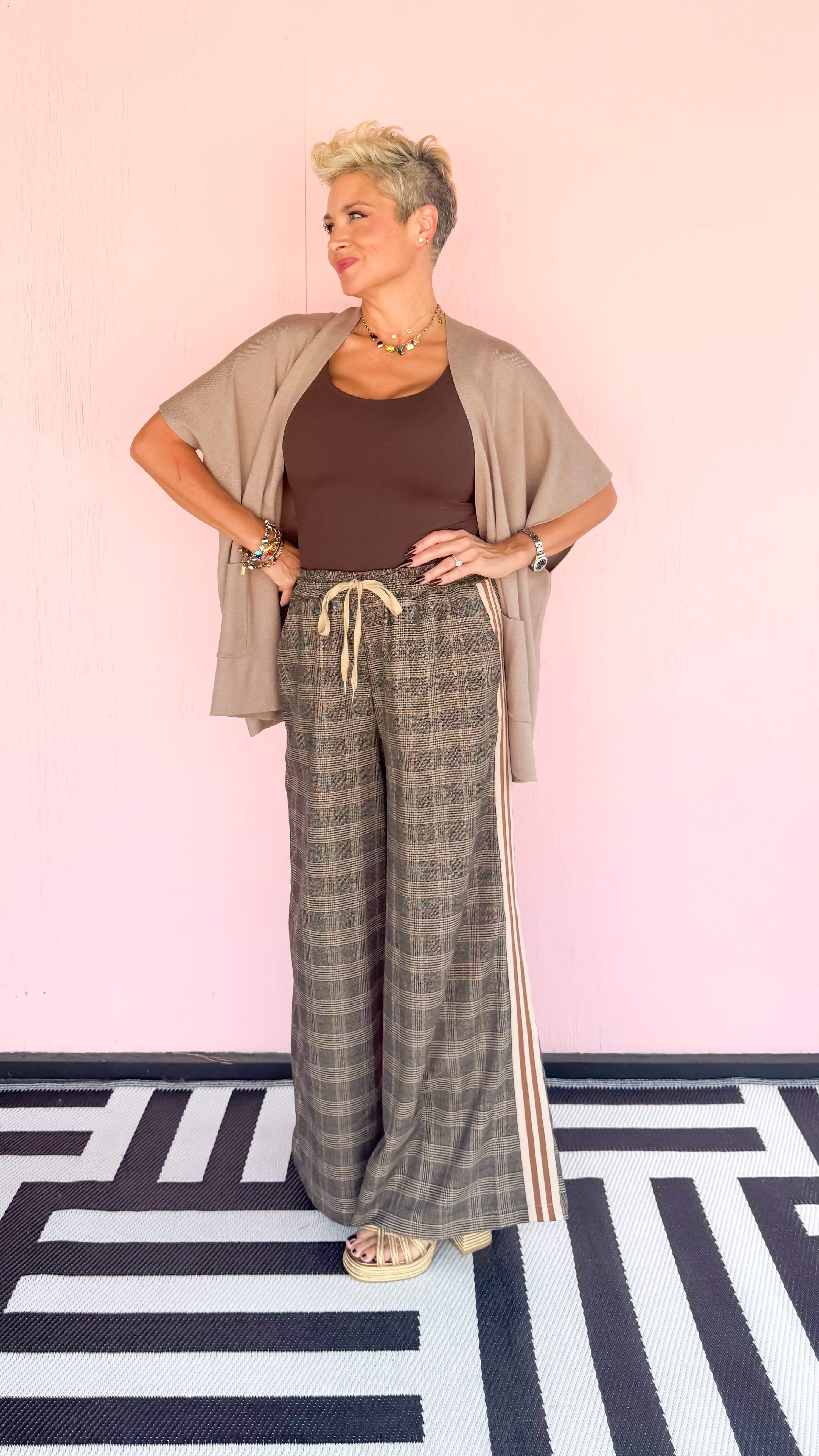 Stripe Detail Plaid Pants/Brown