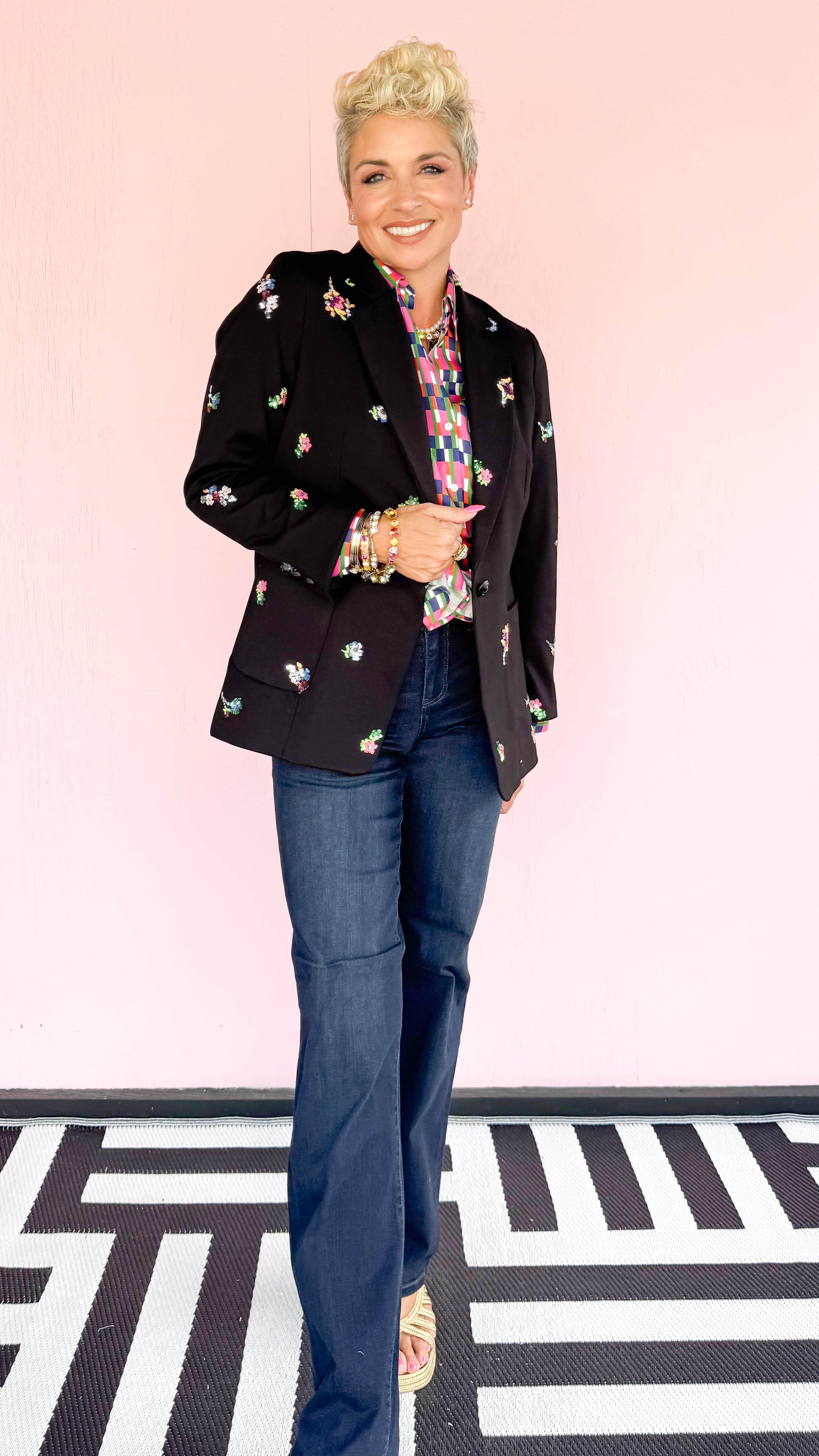 Sequin Floral Blazer/Black - The BLVD