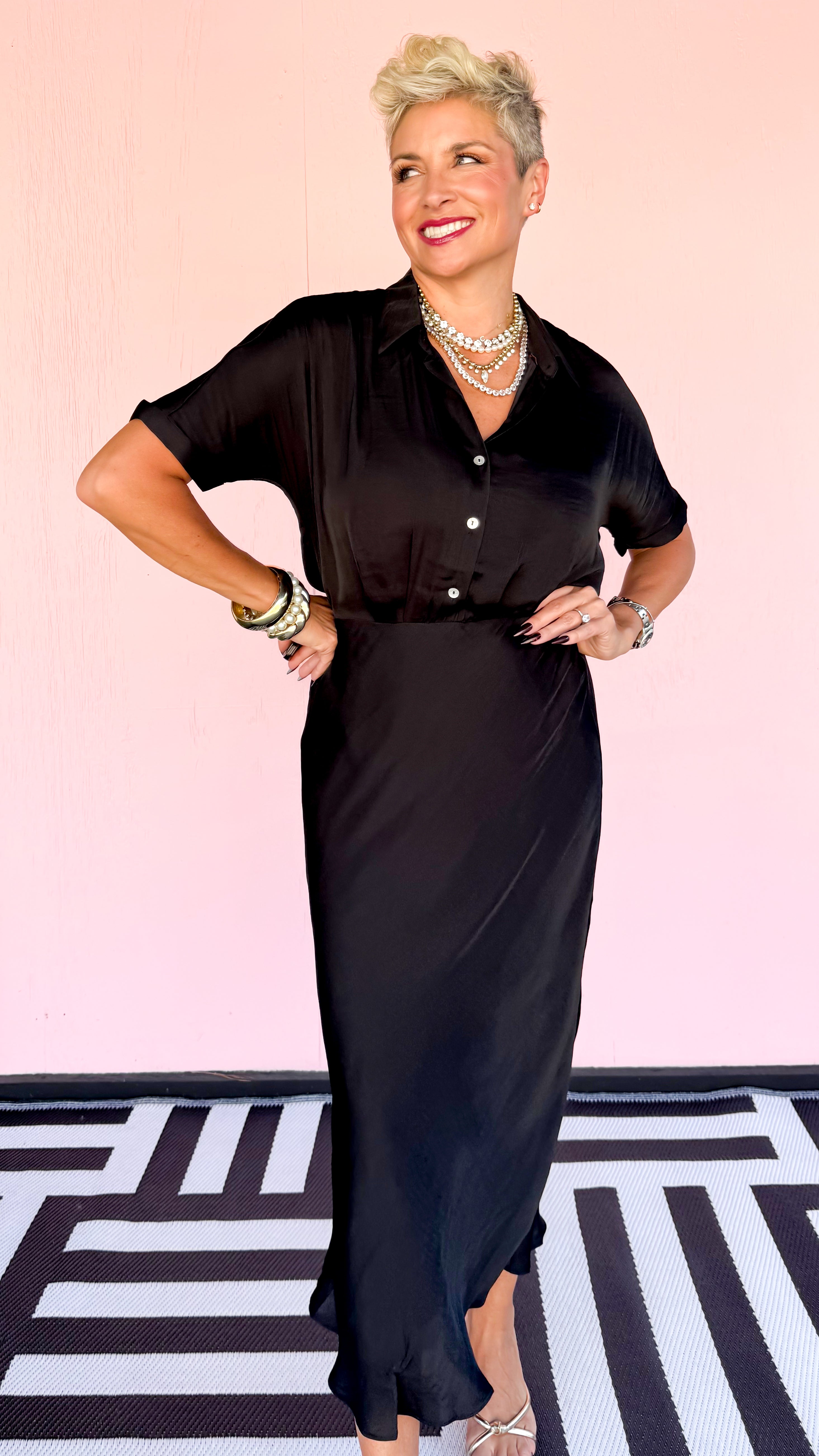Button Up Midi Shirt Dress/Black